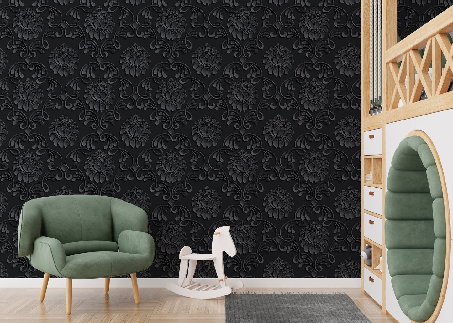 Black Color Abstract Pattern Damask Livingroom Wallpaper