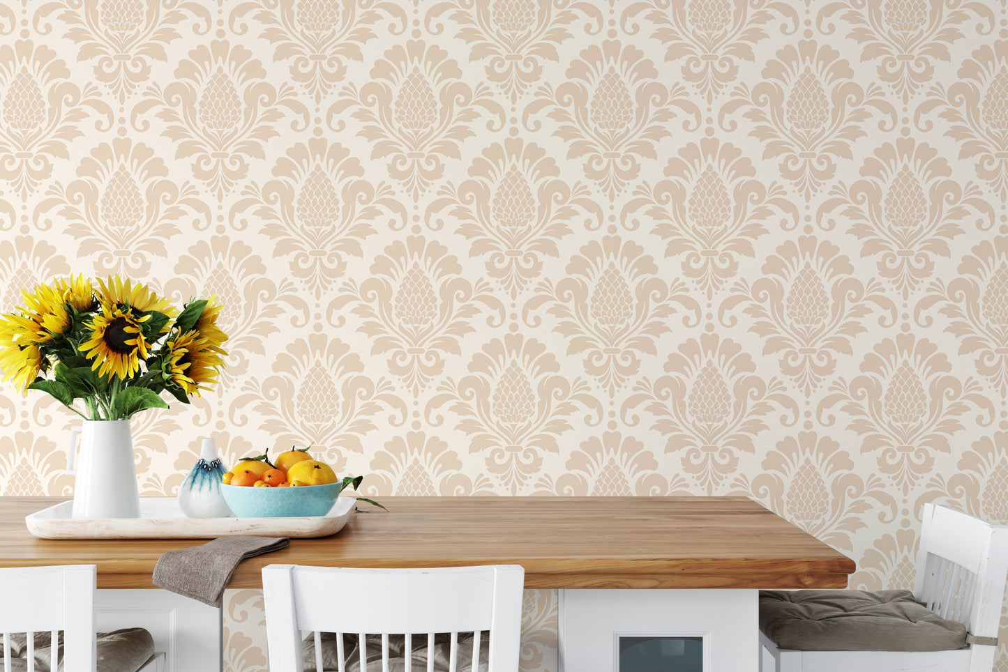 Beige Color Butta Damask Repeat Pattern Wallpaper