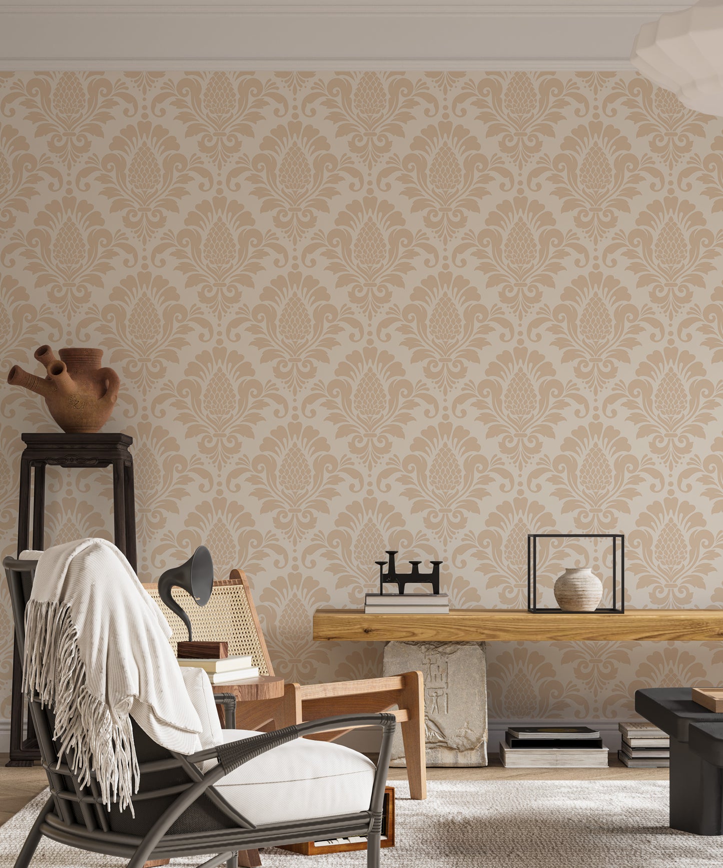 Beige Color Damask Repeat Pattern Wallpaper