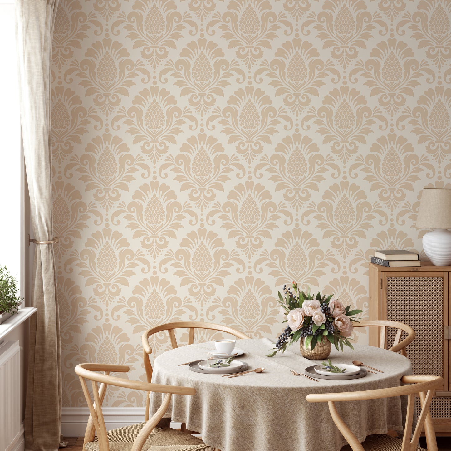 Beige Color Butta Damask Repeat Pattern Wallpaper