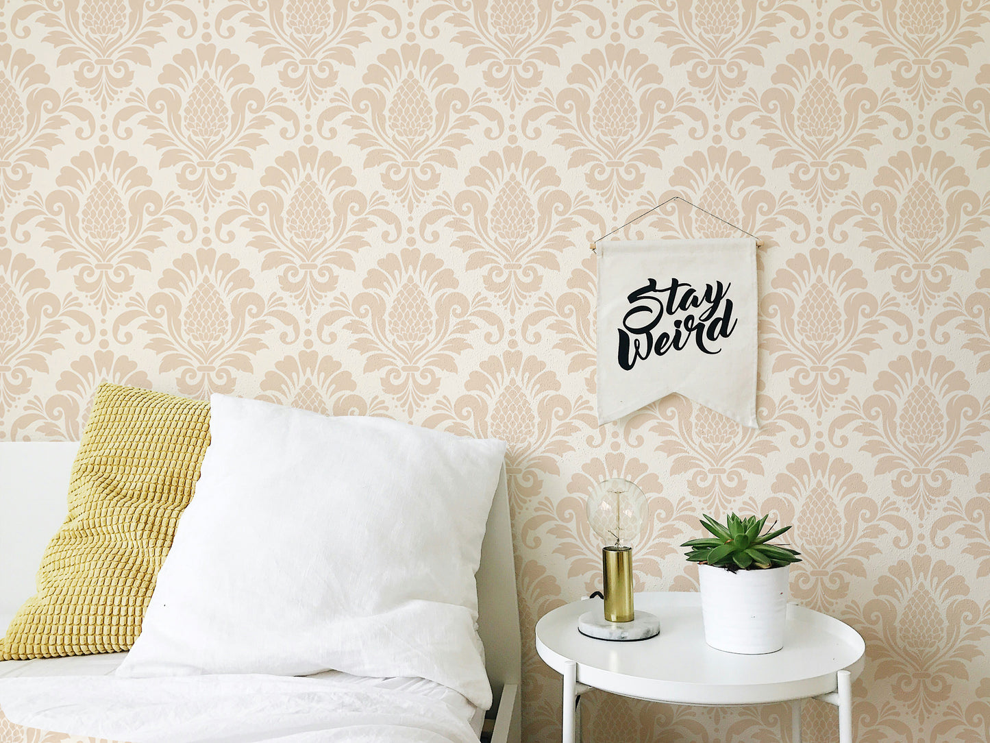 Beige Color Damask Repeat Pattern Wallpaper