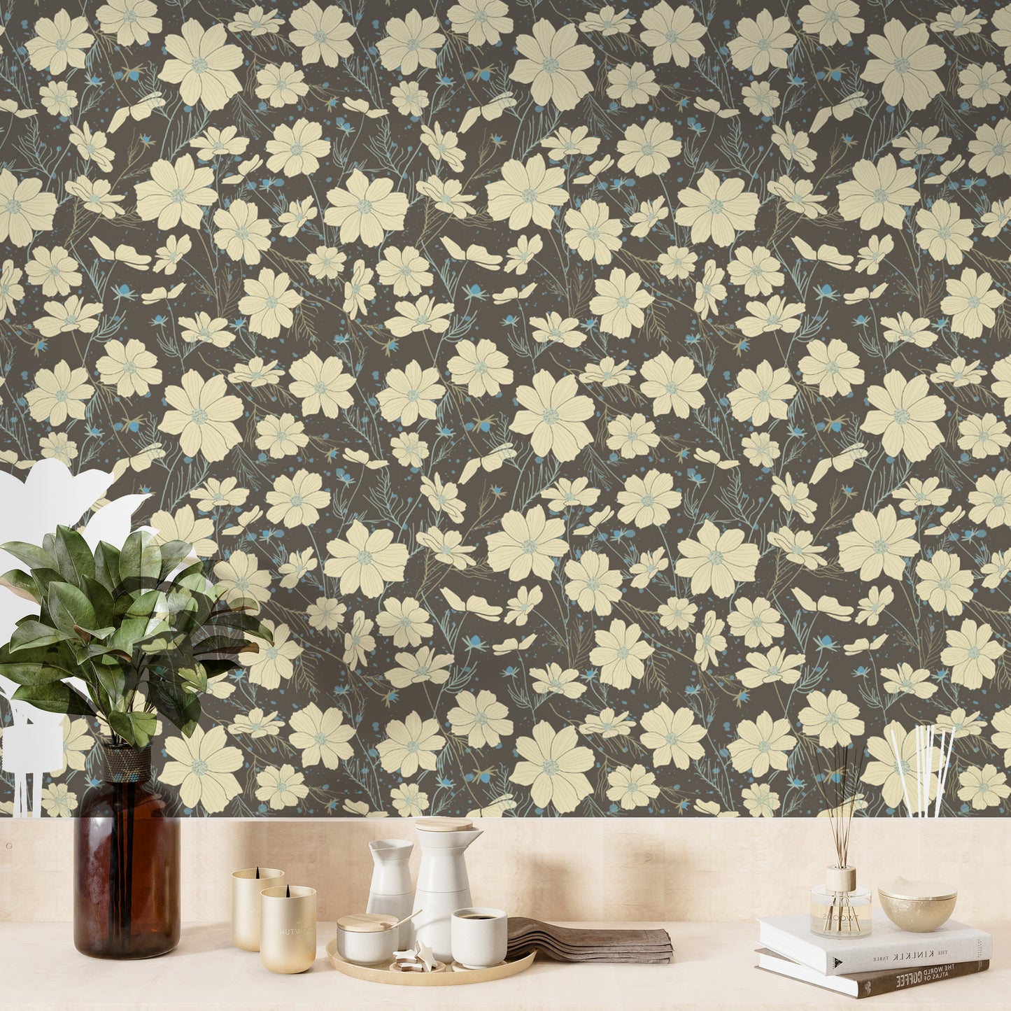 Cosmos flower pattern in soft gray tones for walls
