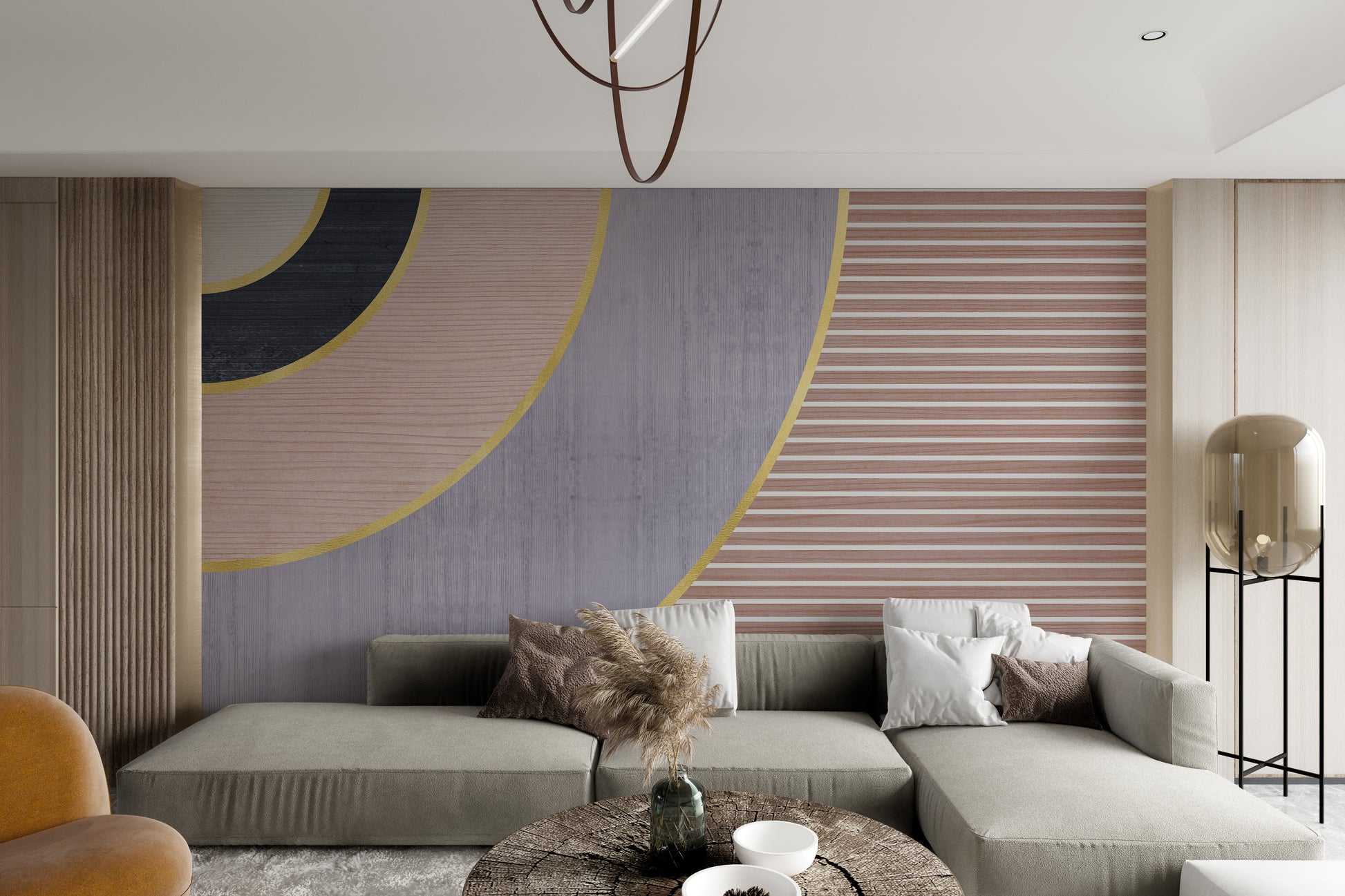 Pastel wallpaper with bold geometric shapes and gold
