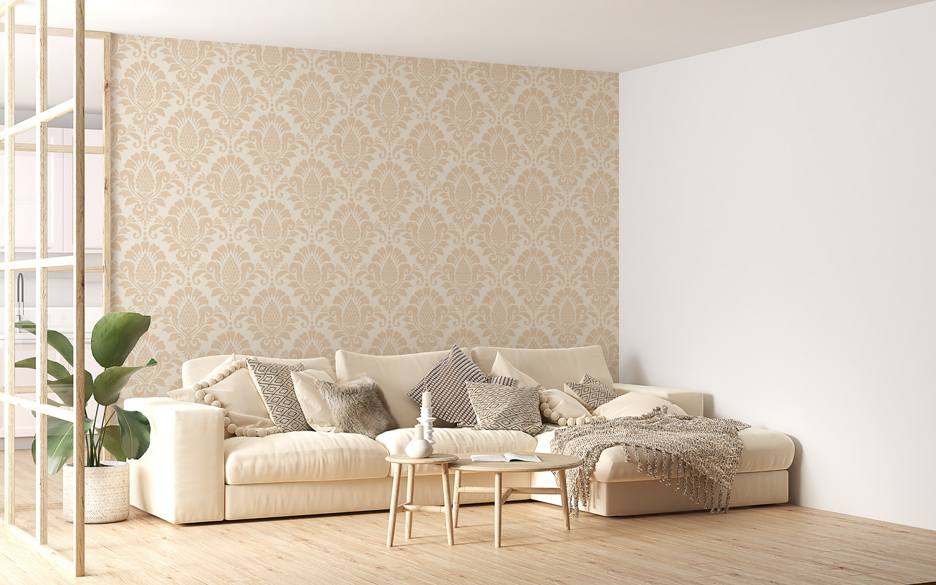 Beige Color Butta Damask Repeat Pattern Wallpaper