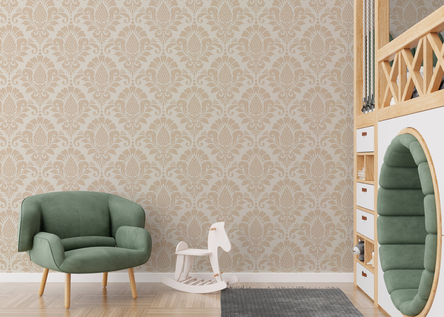 Beige Color Butta Damask Repeat Pattern Wallpaper