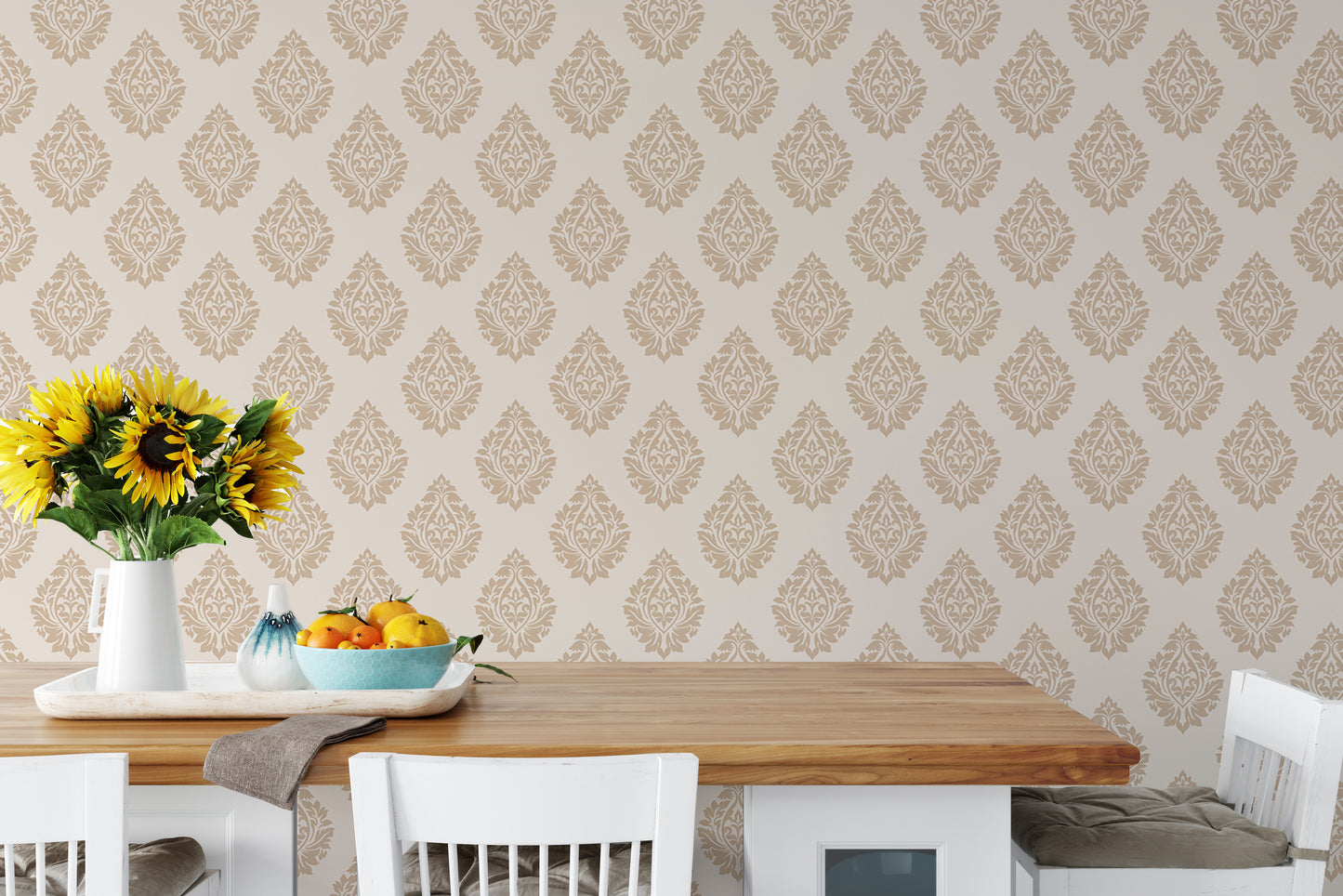 Victorian Brown Butta Damask Repeat Pattern Wallpaper