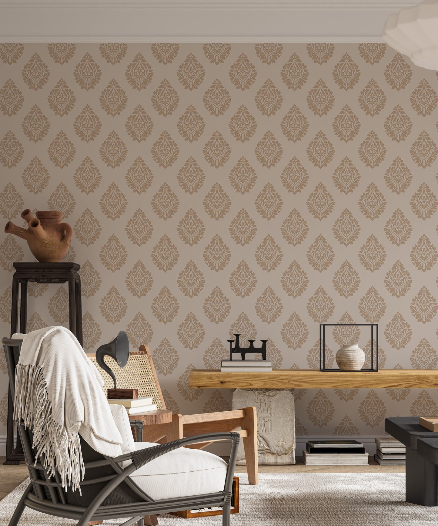 Victorian Brown Butta Damask Repeat Pattern Wallpaper