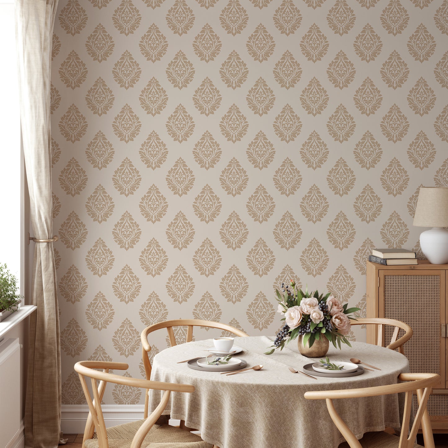 Victorian Brown Butta Damask Repeat Pattern Wallpaper