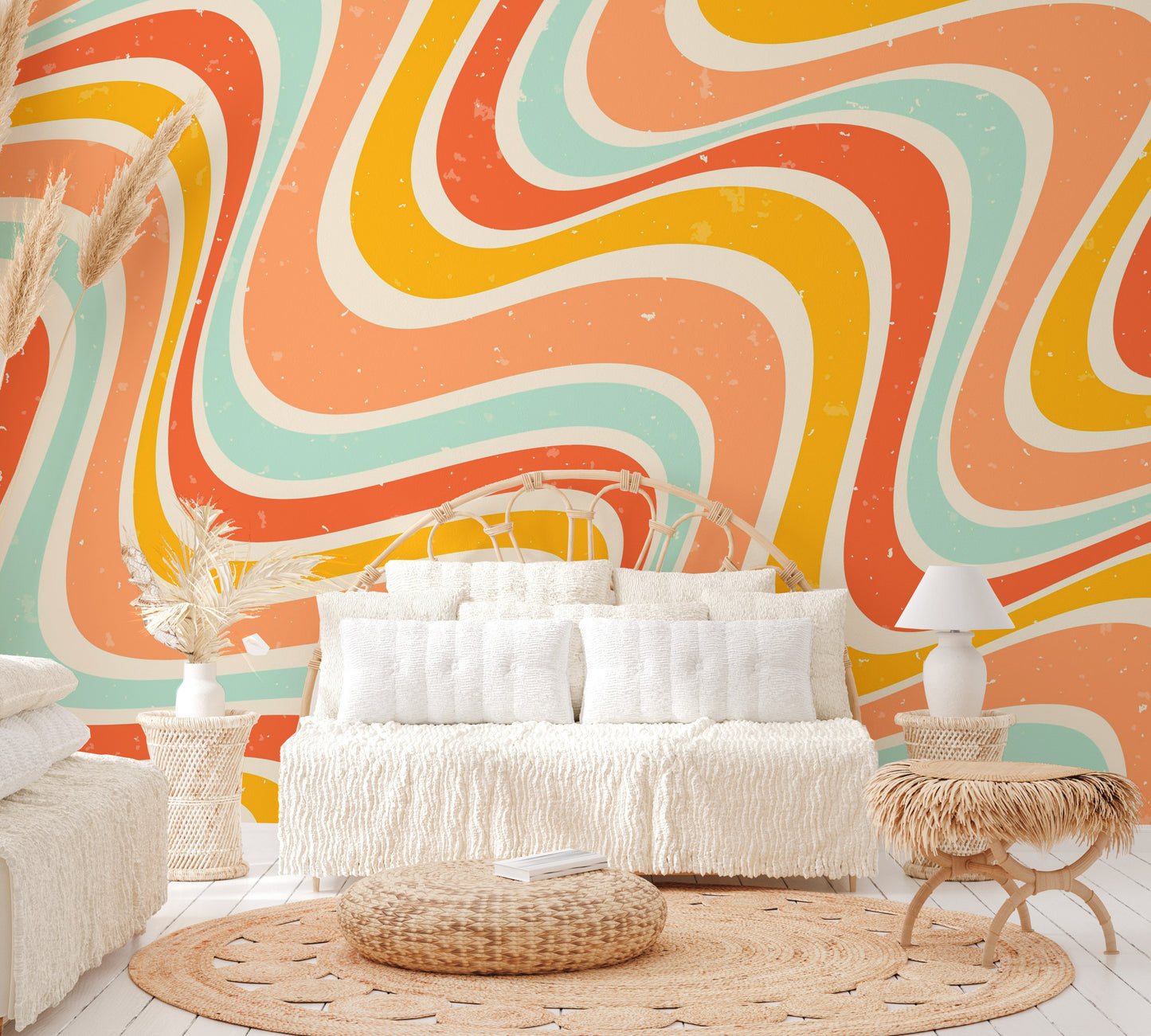 Orange and yellow retro wallpaper with curved lines
