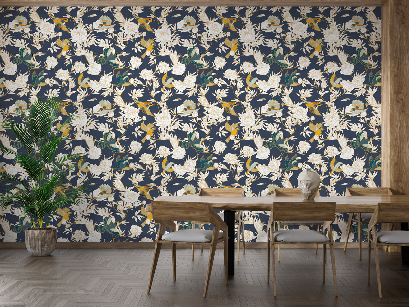 Peony Paradise wallpaper with birds and blooms
