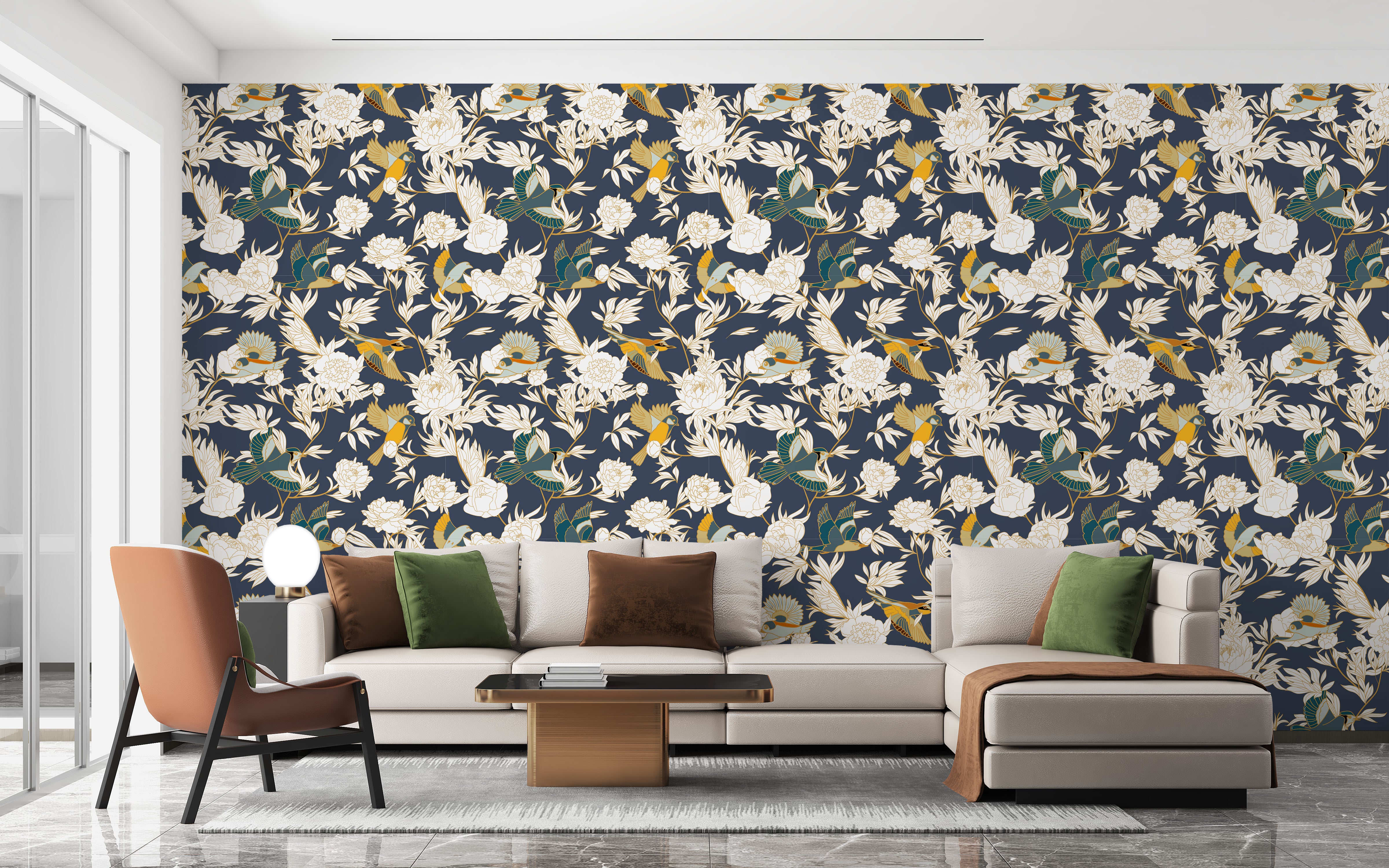 Floral mural featuring peonies and feathered friends
