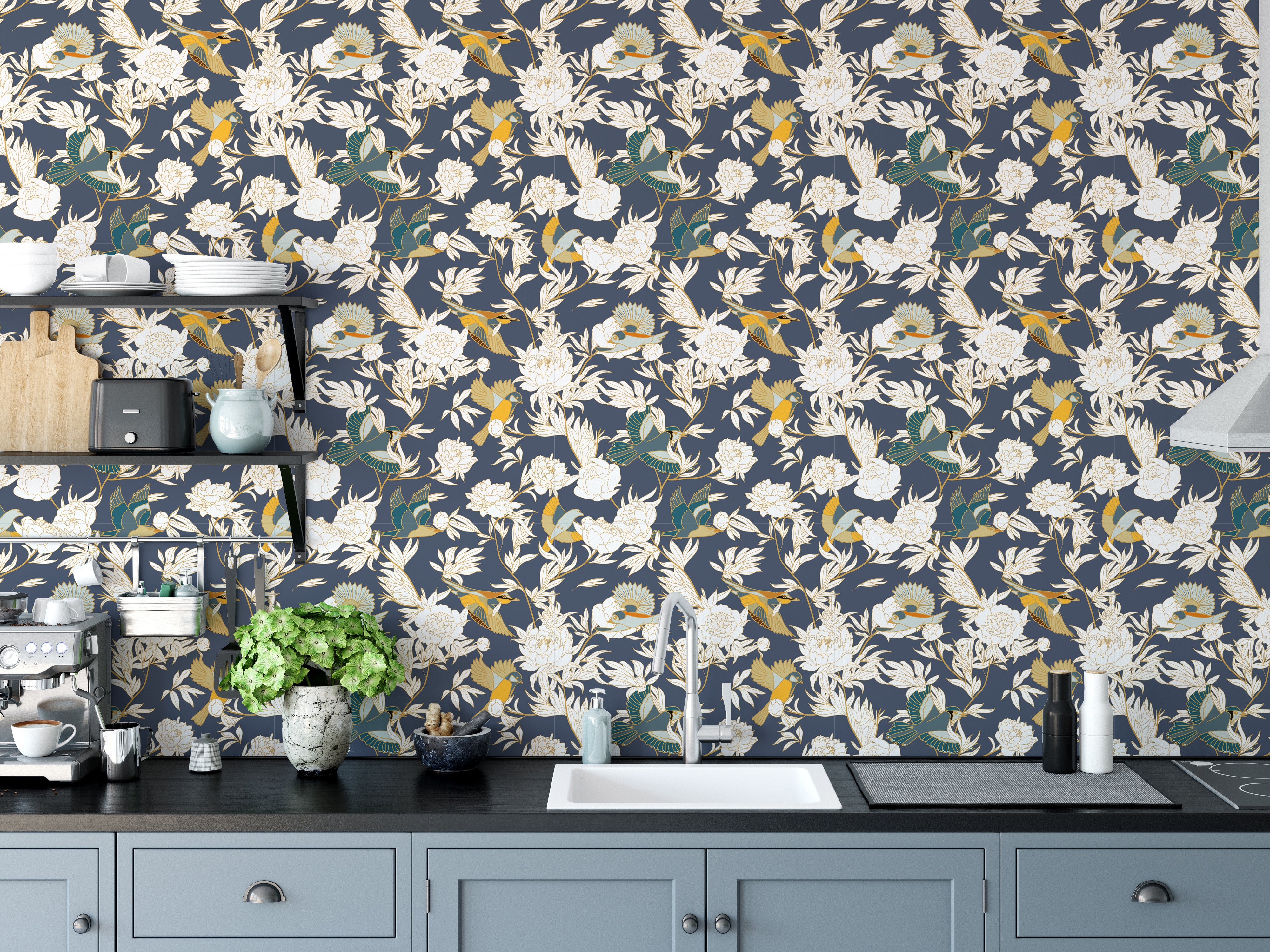 Elegant peony wallpaper with bird accents
