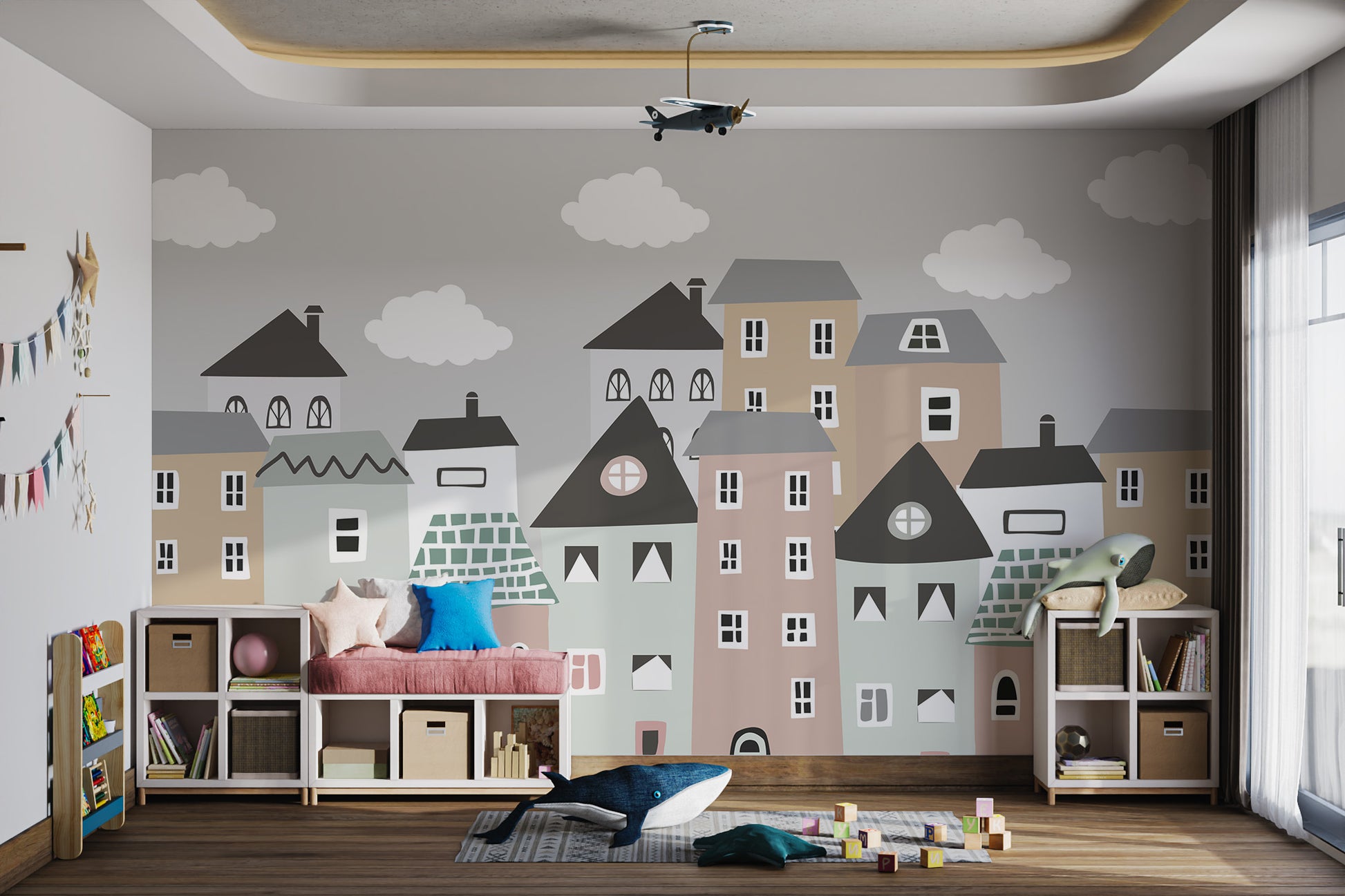 Fun and creative wall mural with charming houses