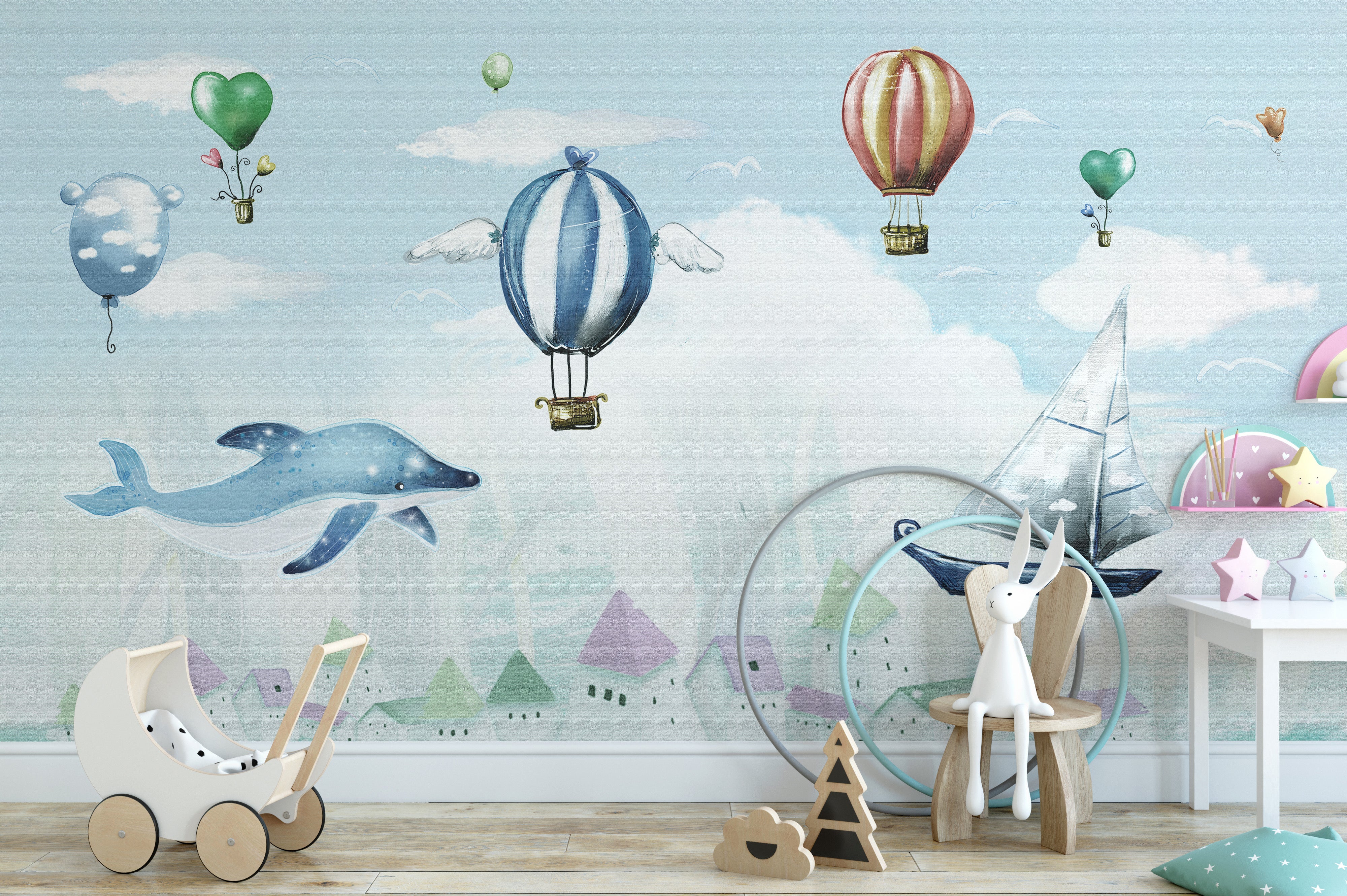 Light blue whale and balloons kids wallpaper.
