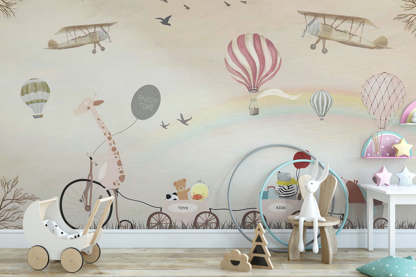 Jovial animal parade mural for kids' rooms.
