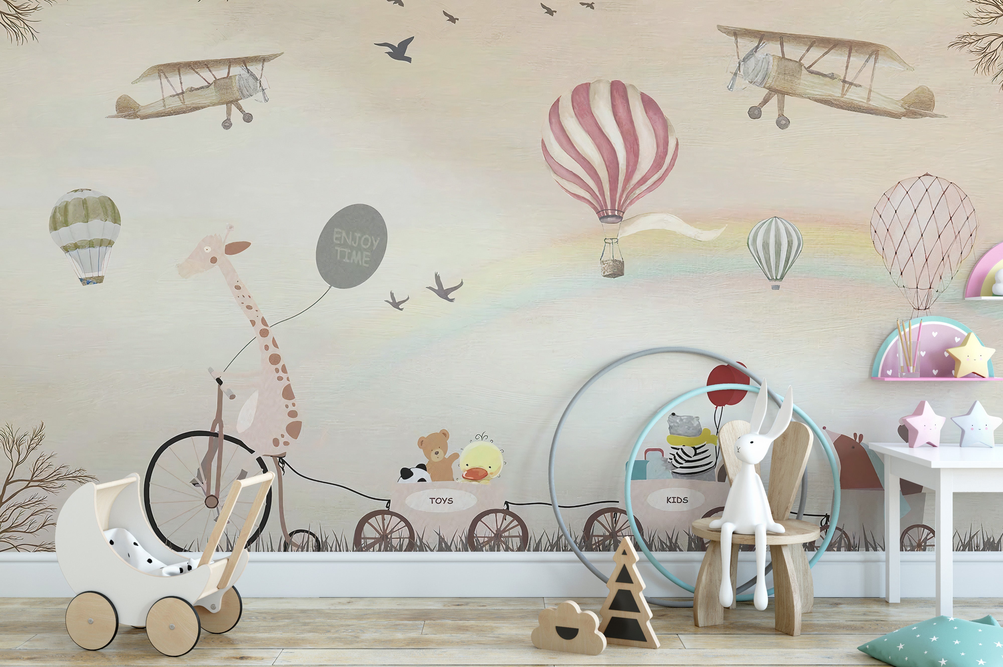 Jovial animal parade mural for kids' rooms.
