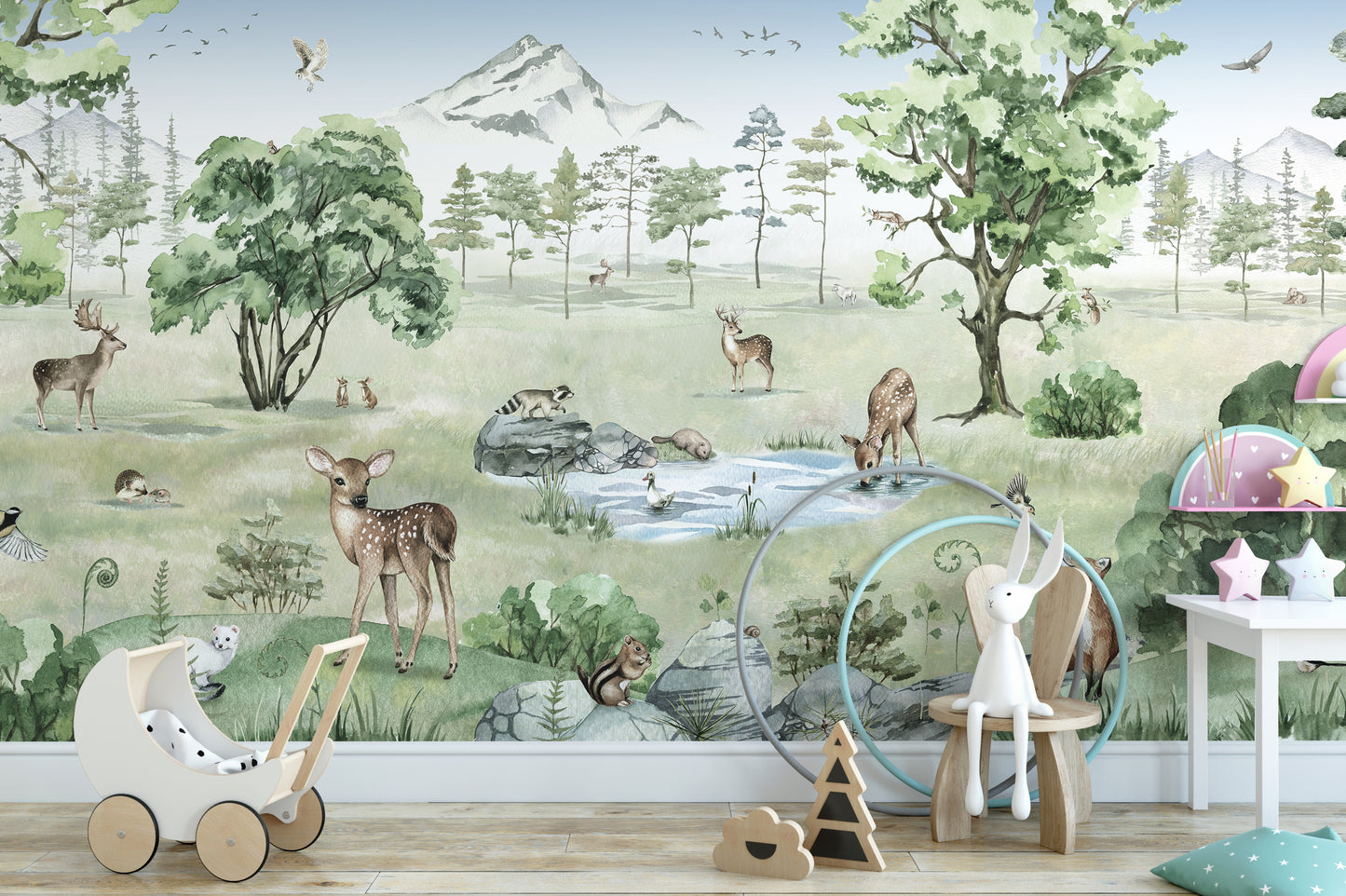 Artistic wall mural showcasing forest deer in nature.
