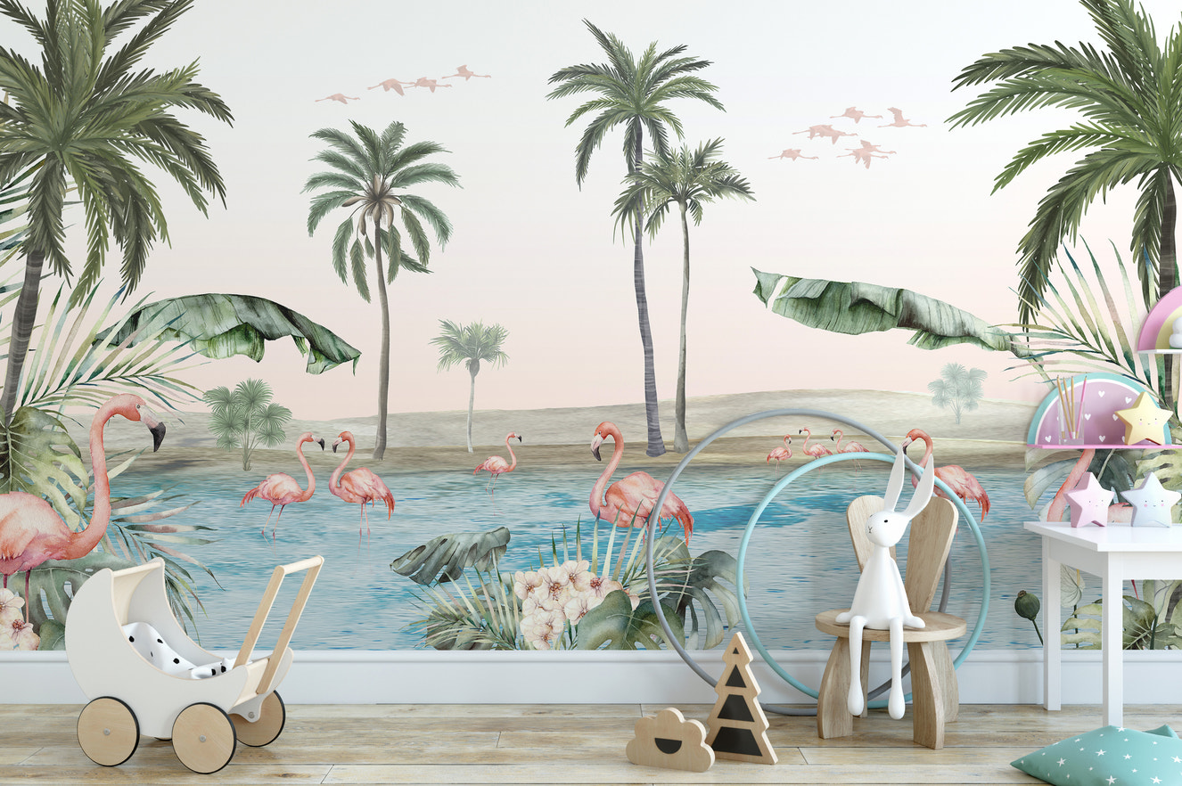 Tropical mural featuring palms and elegant flamingos.
