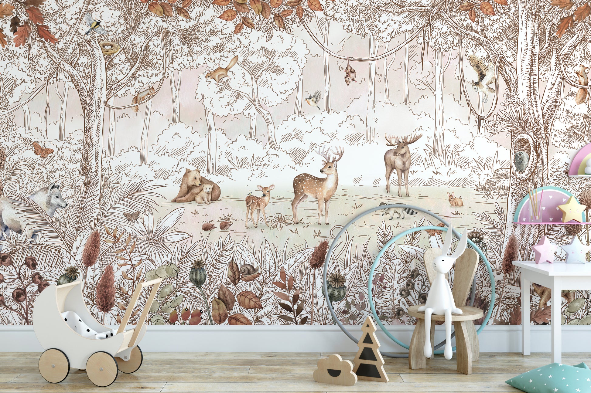 Forest animals mural perfect for nature-inspired interiors.
