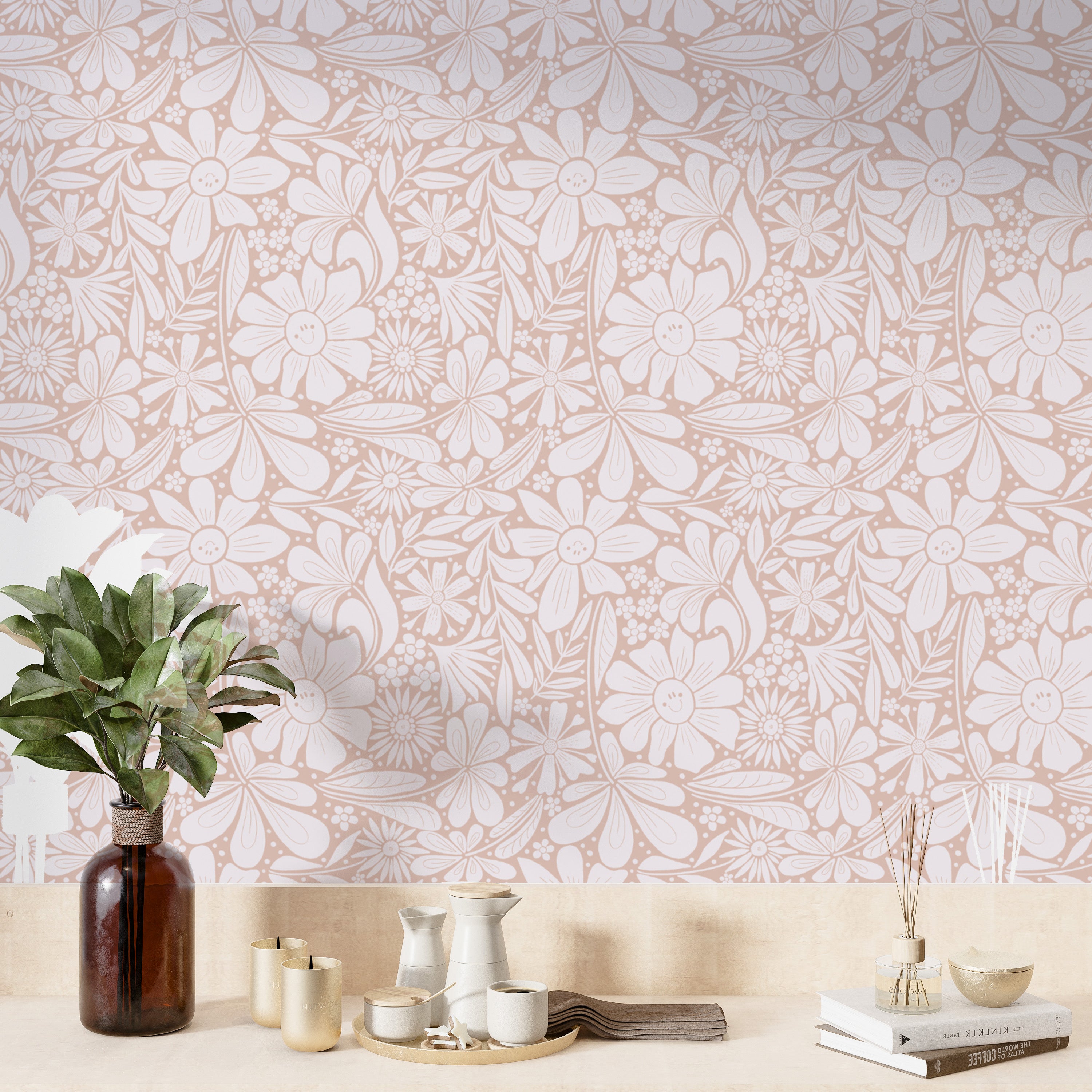 Lovely pastel pink wallpaper with playful happy blooms accents