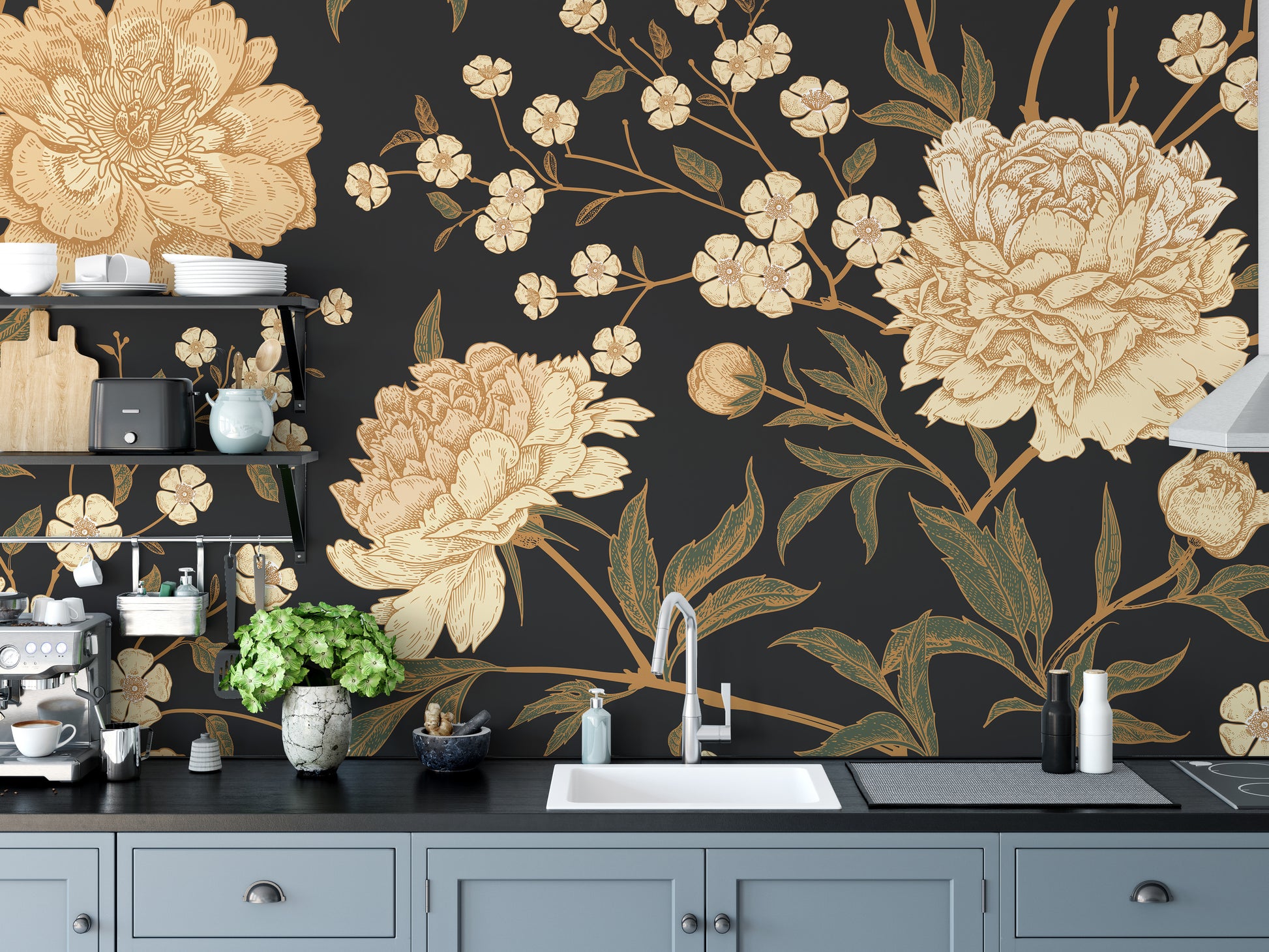 Elegant midnight floral mural wallpaper design
