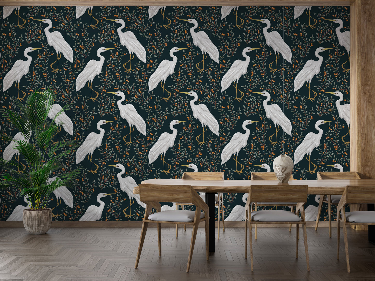 Scenic cranberry fields wallpaper with heron design
