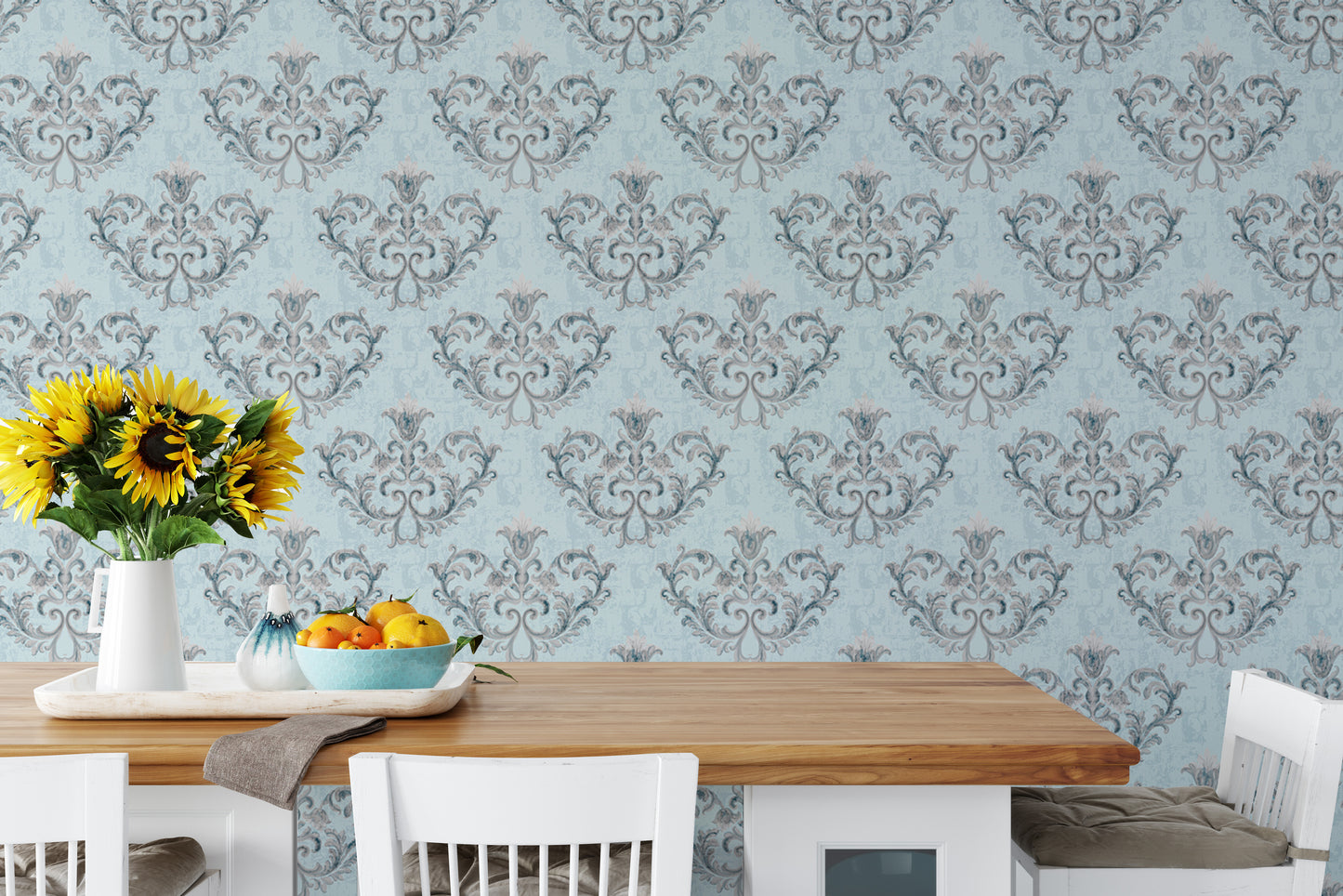 Rococo Silver Texture Pattern Floral Ornaments Wallpaper