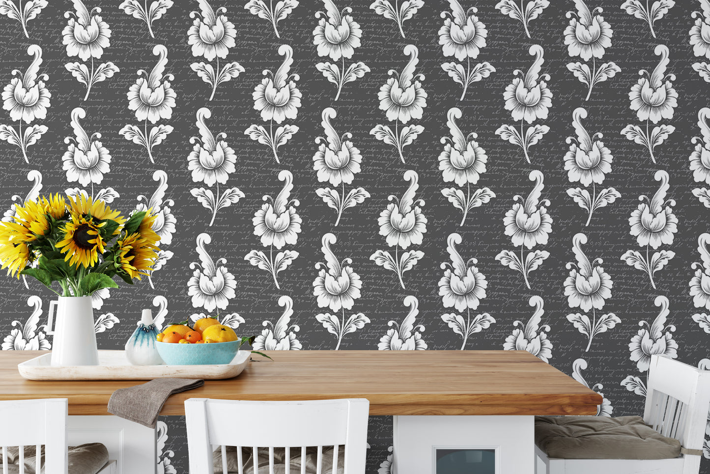 Abstract Autumn Leaf Design Black Damask Wallpaper