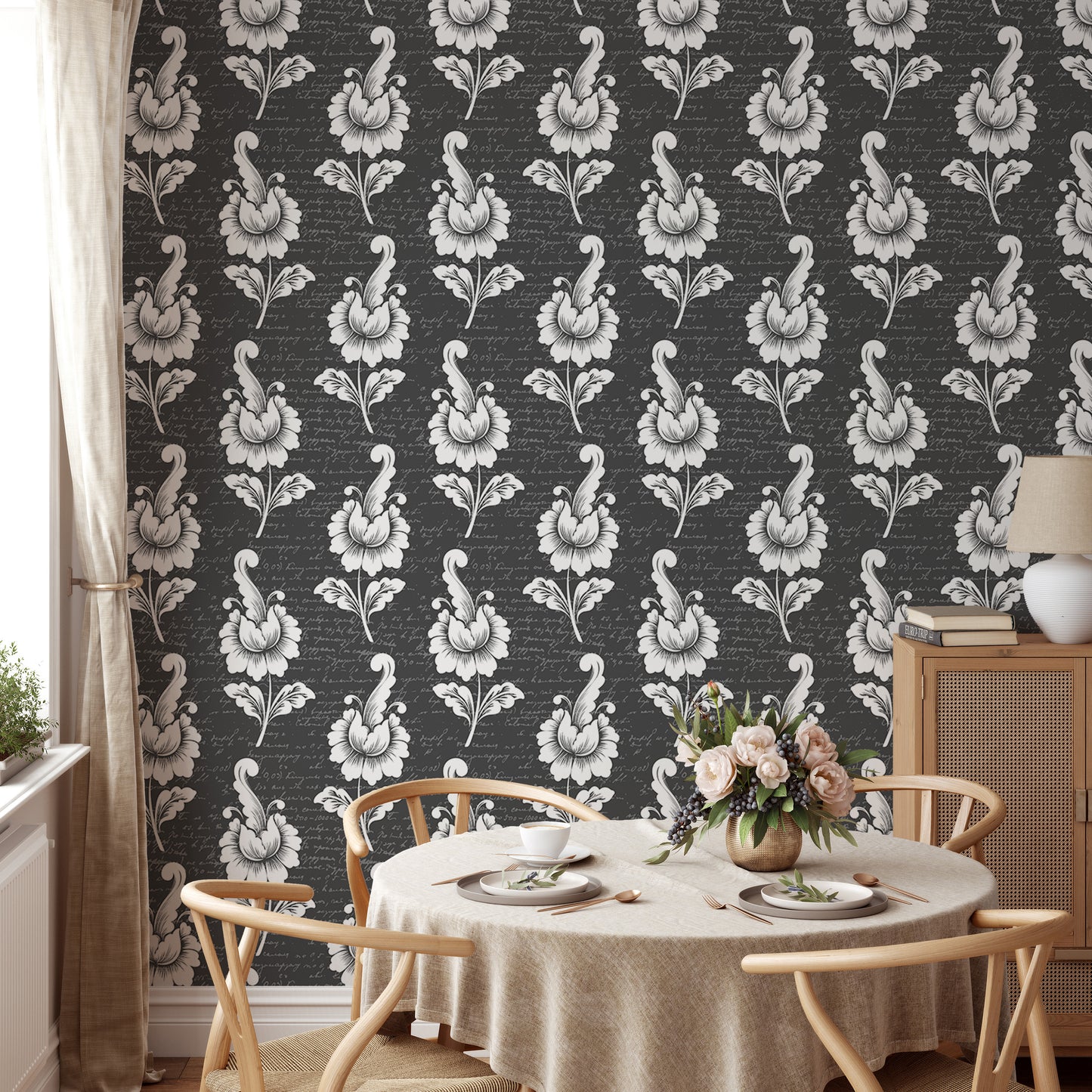 Abstract Autumn Leaf Design Black Damask Wallpaper