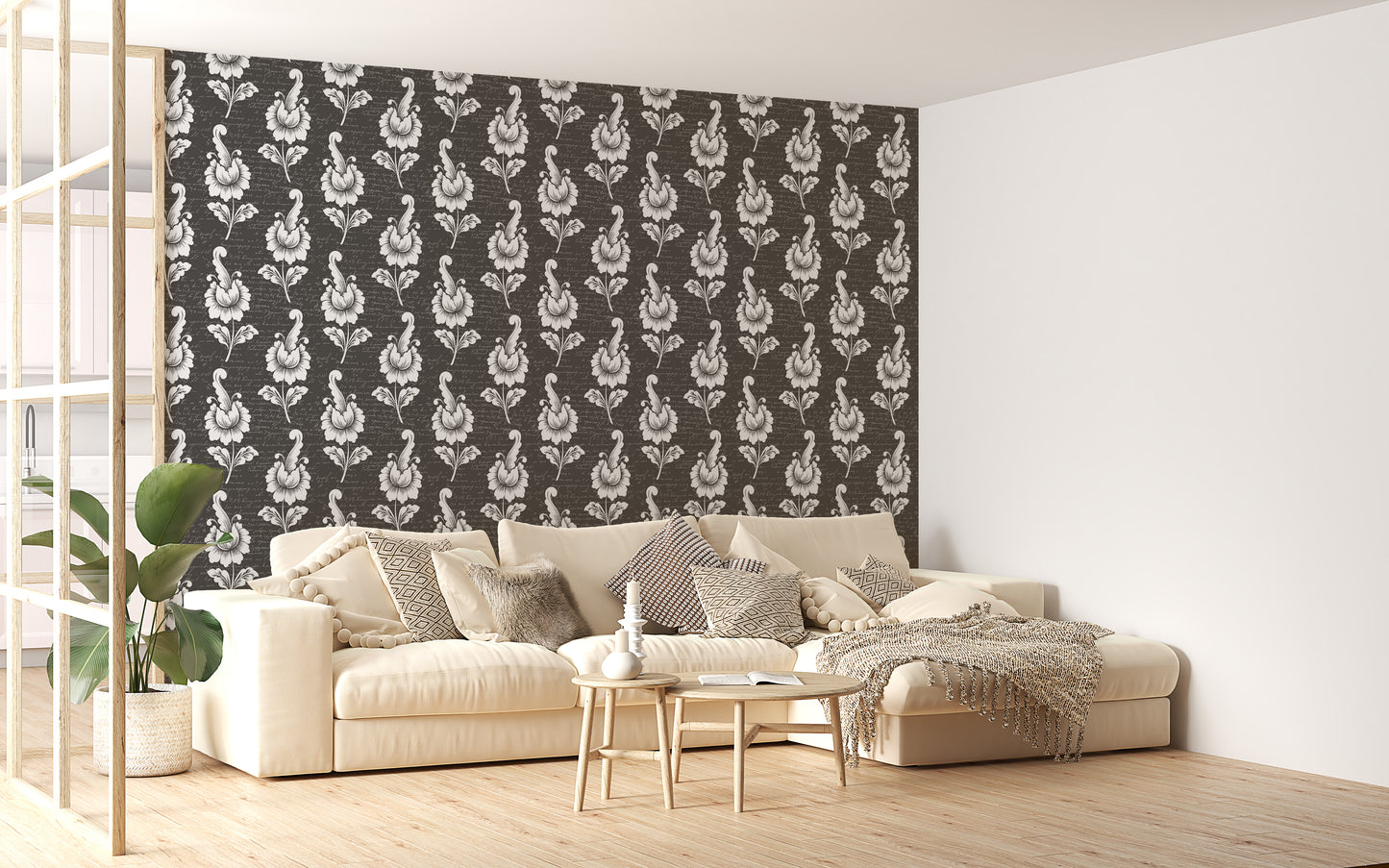 Abstract Autumn Leaf Design Black Damask Wallpaper