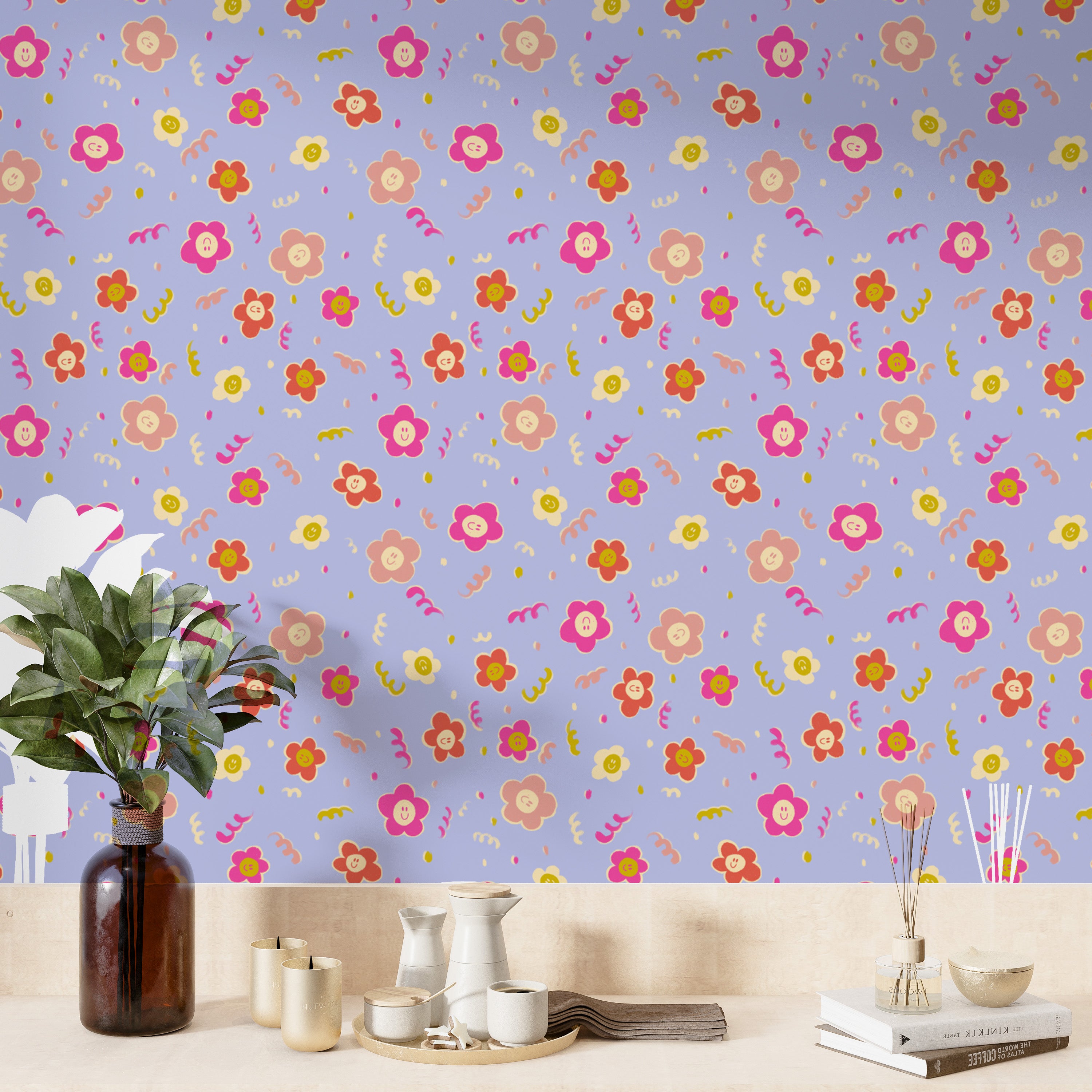 Playful floral wallpaper featuring smiley bloom motifs