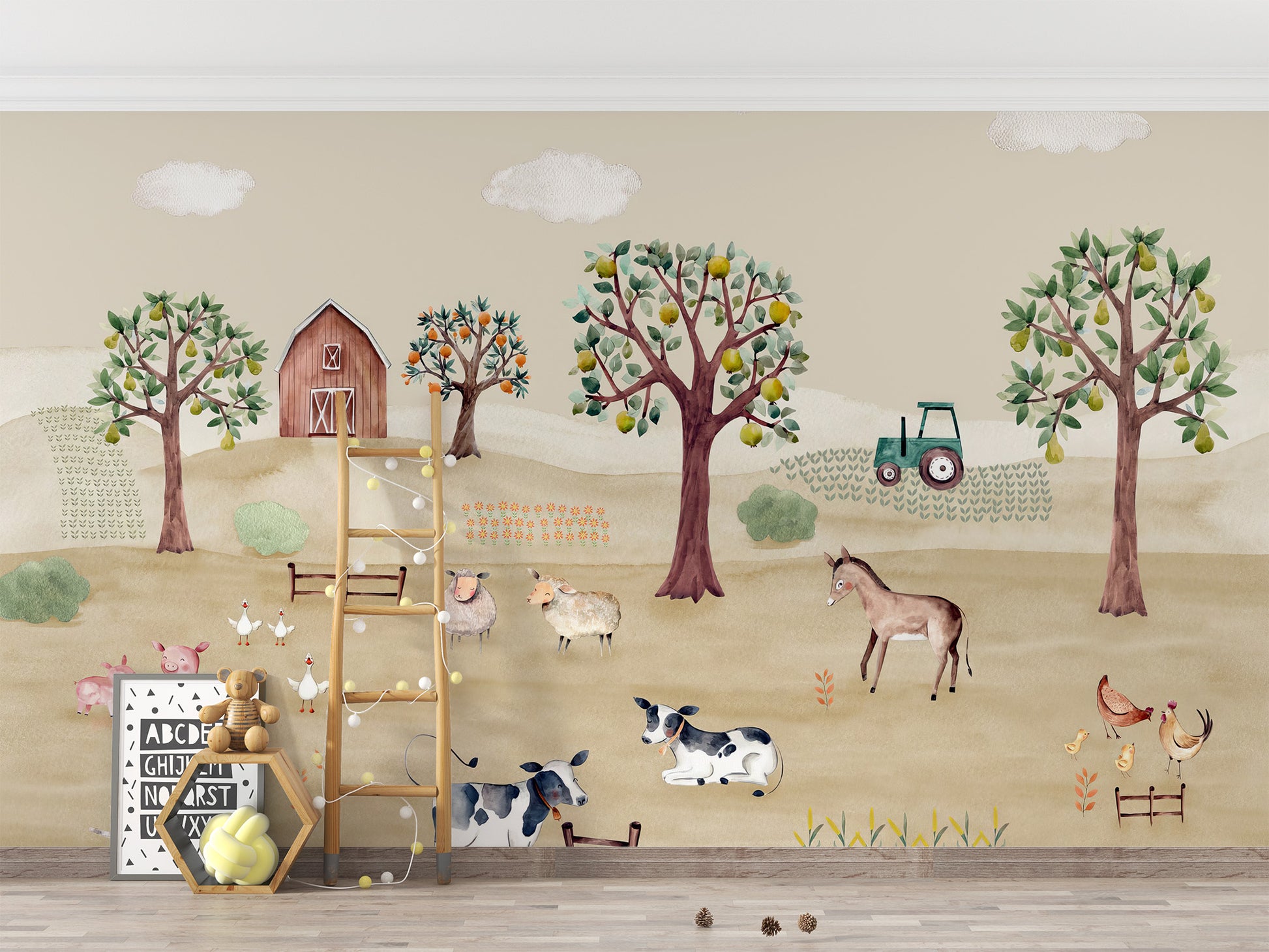 Farm-themed wallpaper mural with rural landscape art