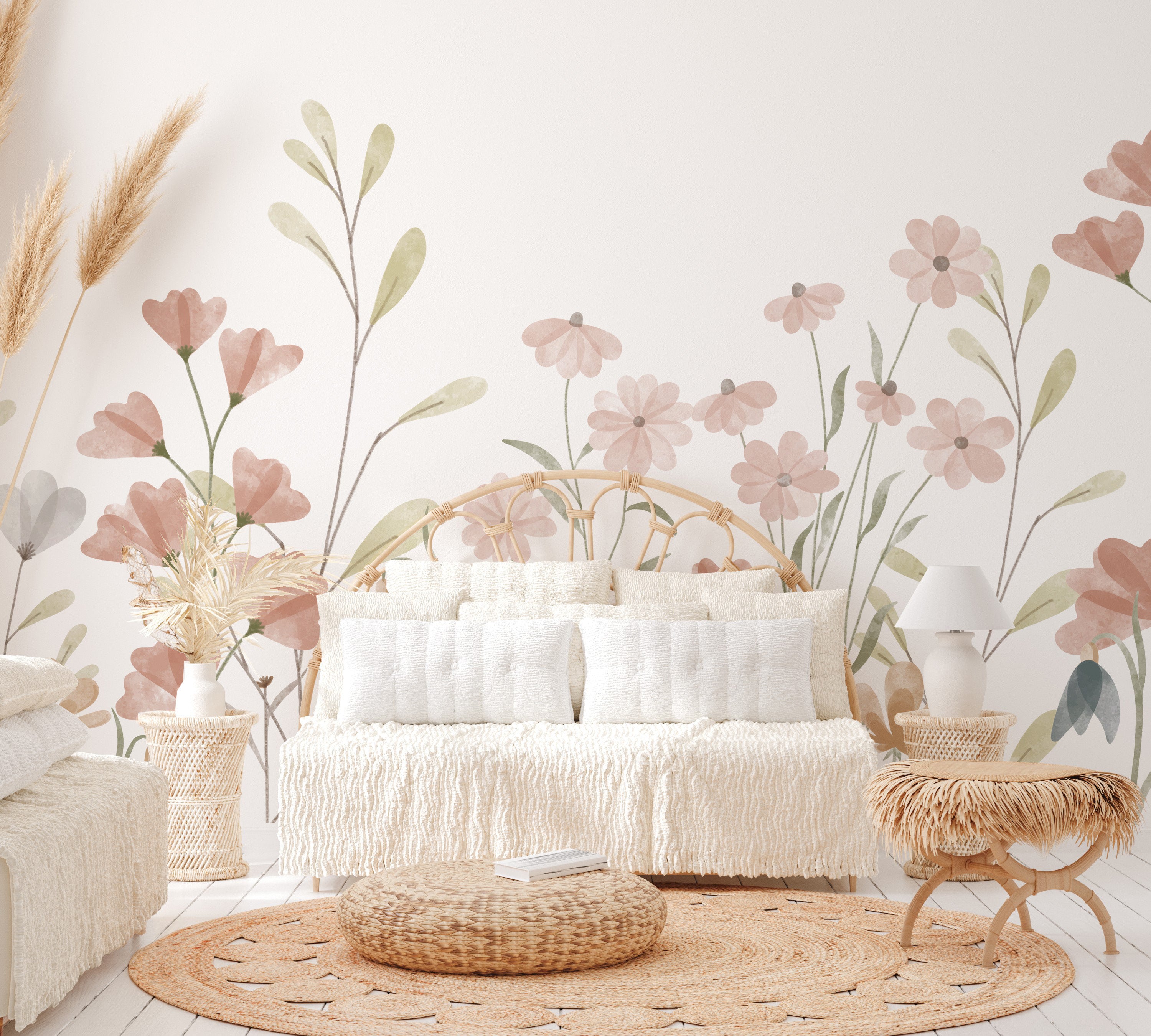 Light botanical wallpaper design with natural elements
