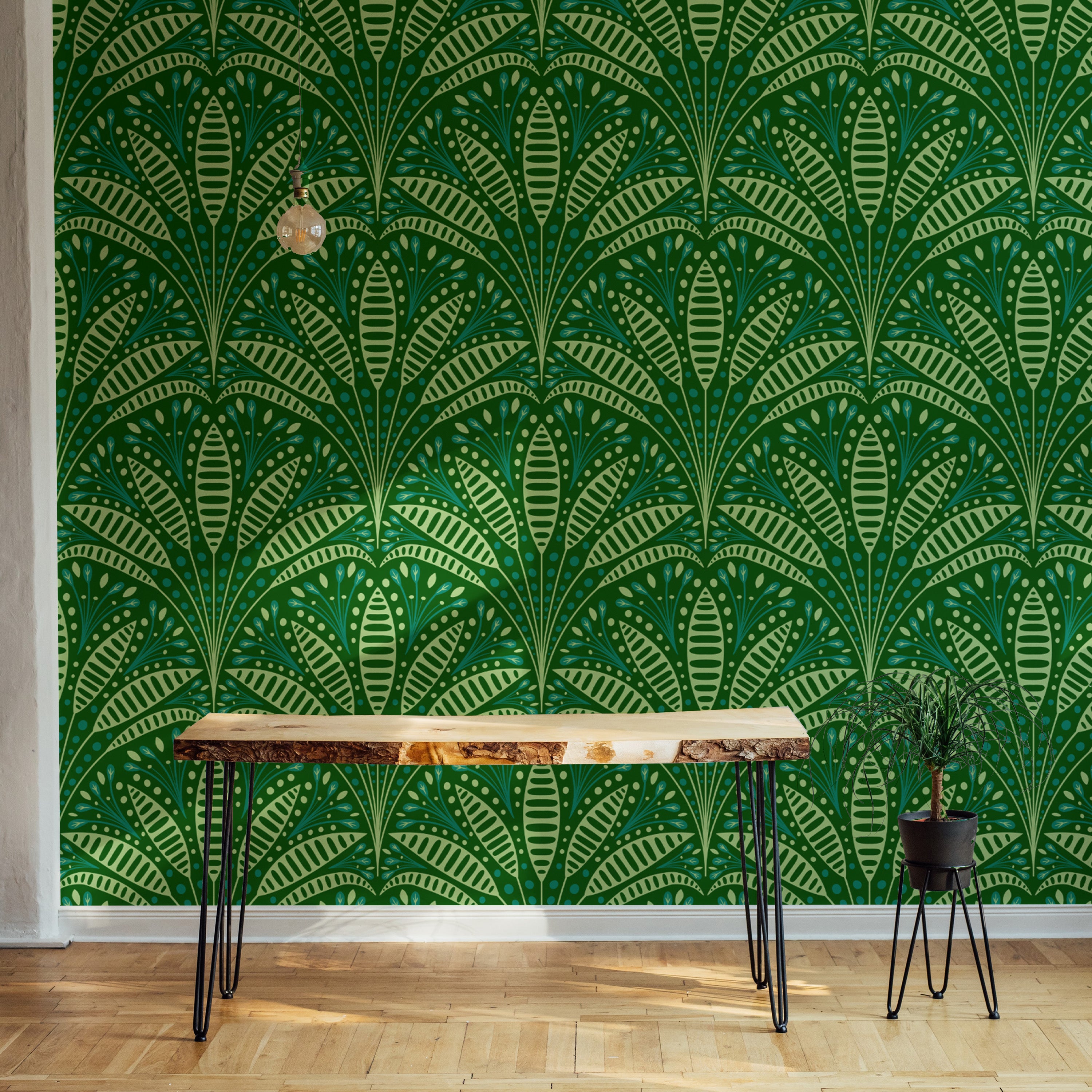 Elegant green palm design in Art Deco style wallpaper
