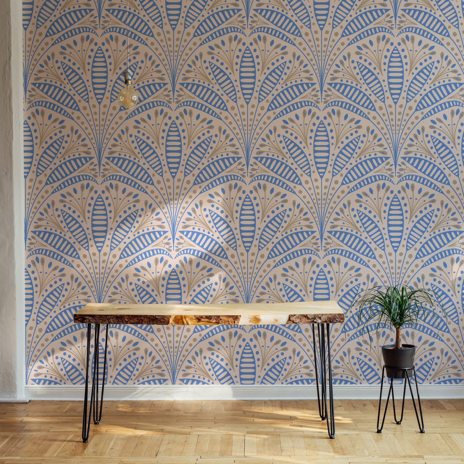 Elegant blue palm design in Art Deco style wallpaper
