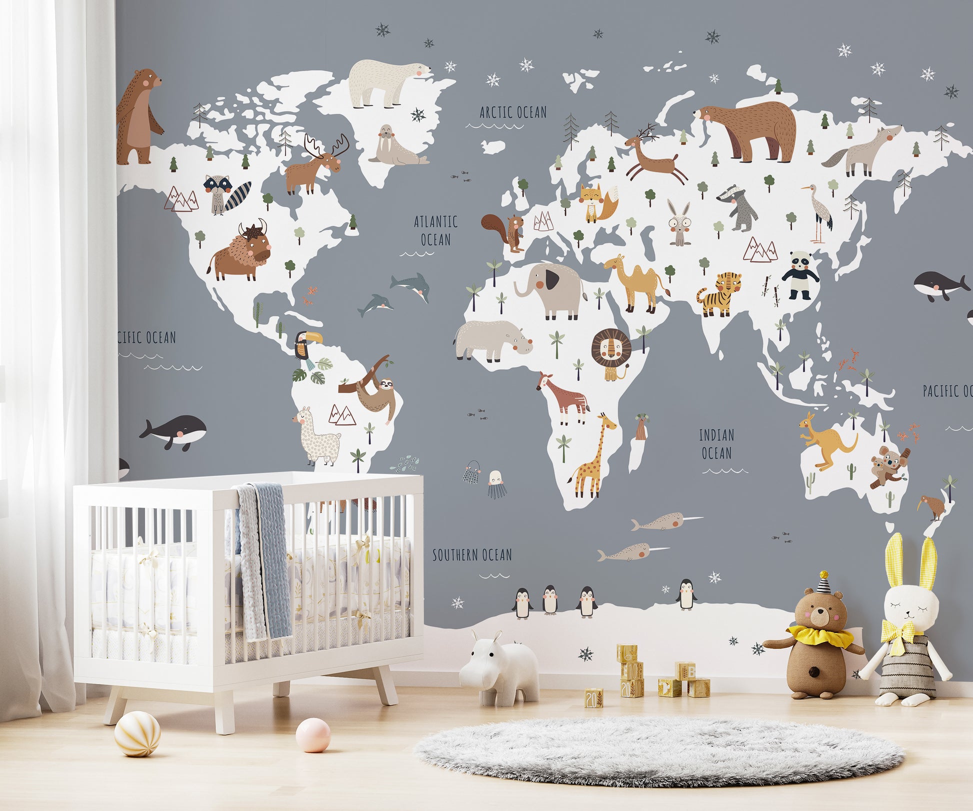 Interactive world map mural for kids' learning and decor
