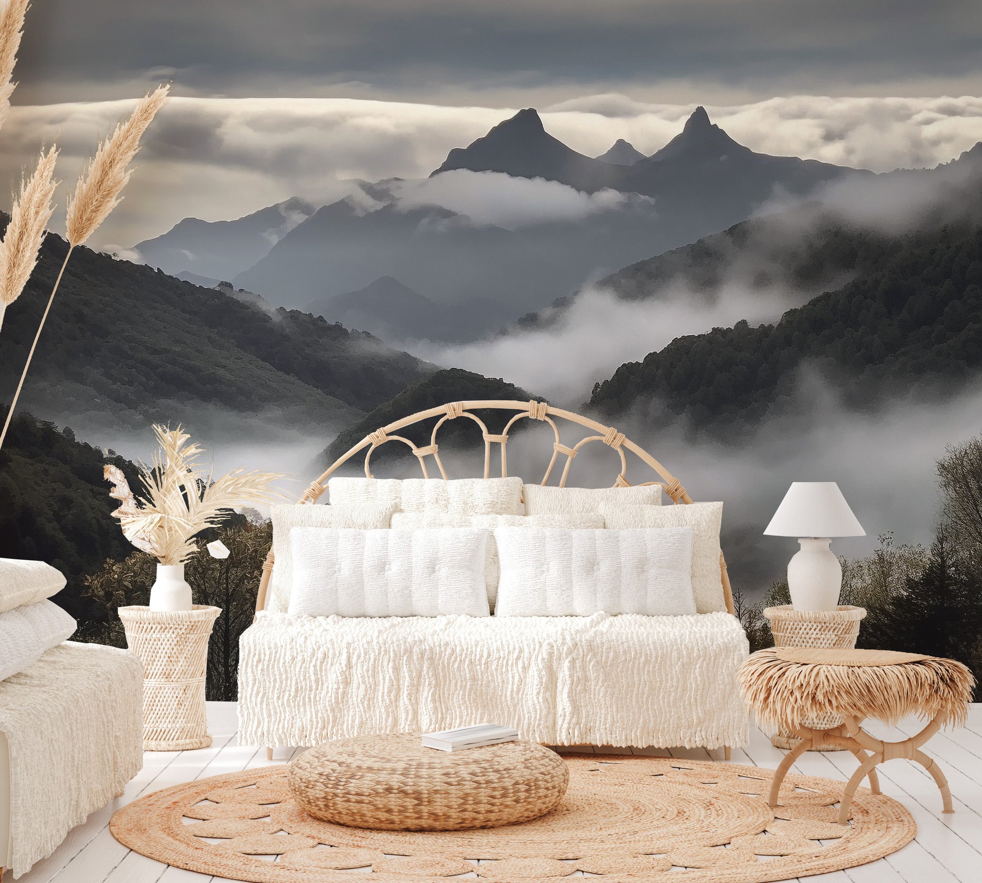 Foggy mountain valley wallpaper design
