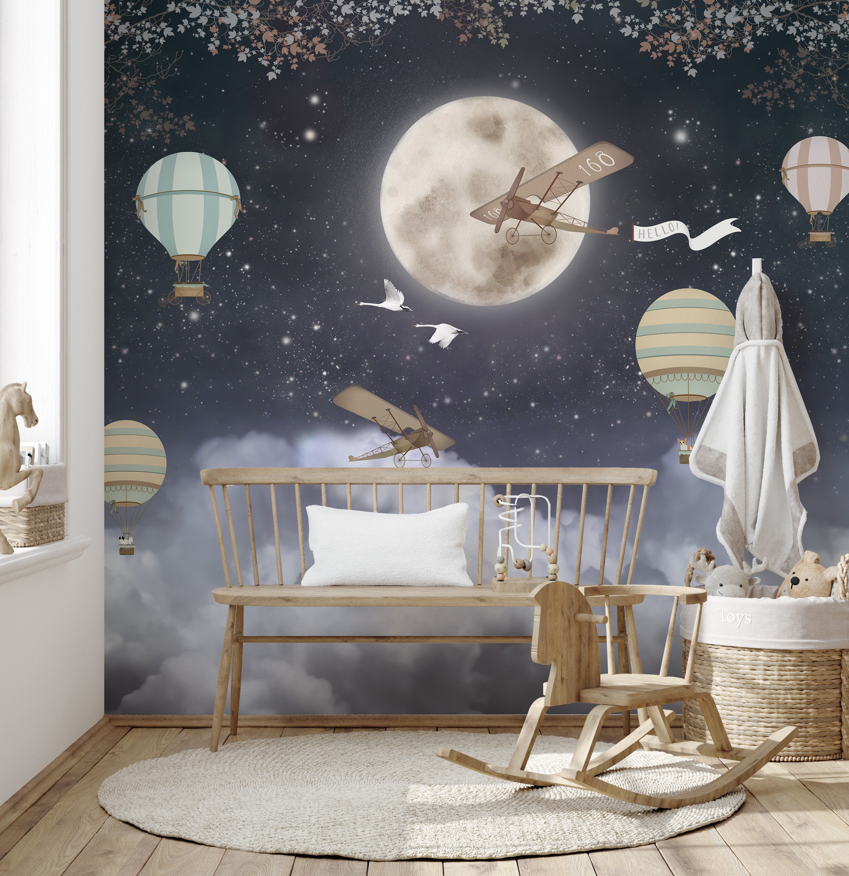 Plane flying under stars wallpaper for kids