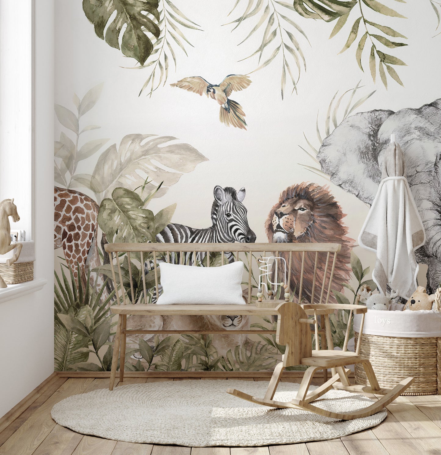 Jungle animals kids room mural in watercolor
