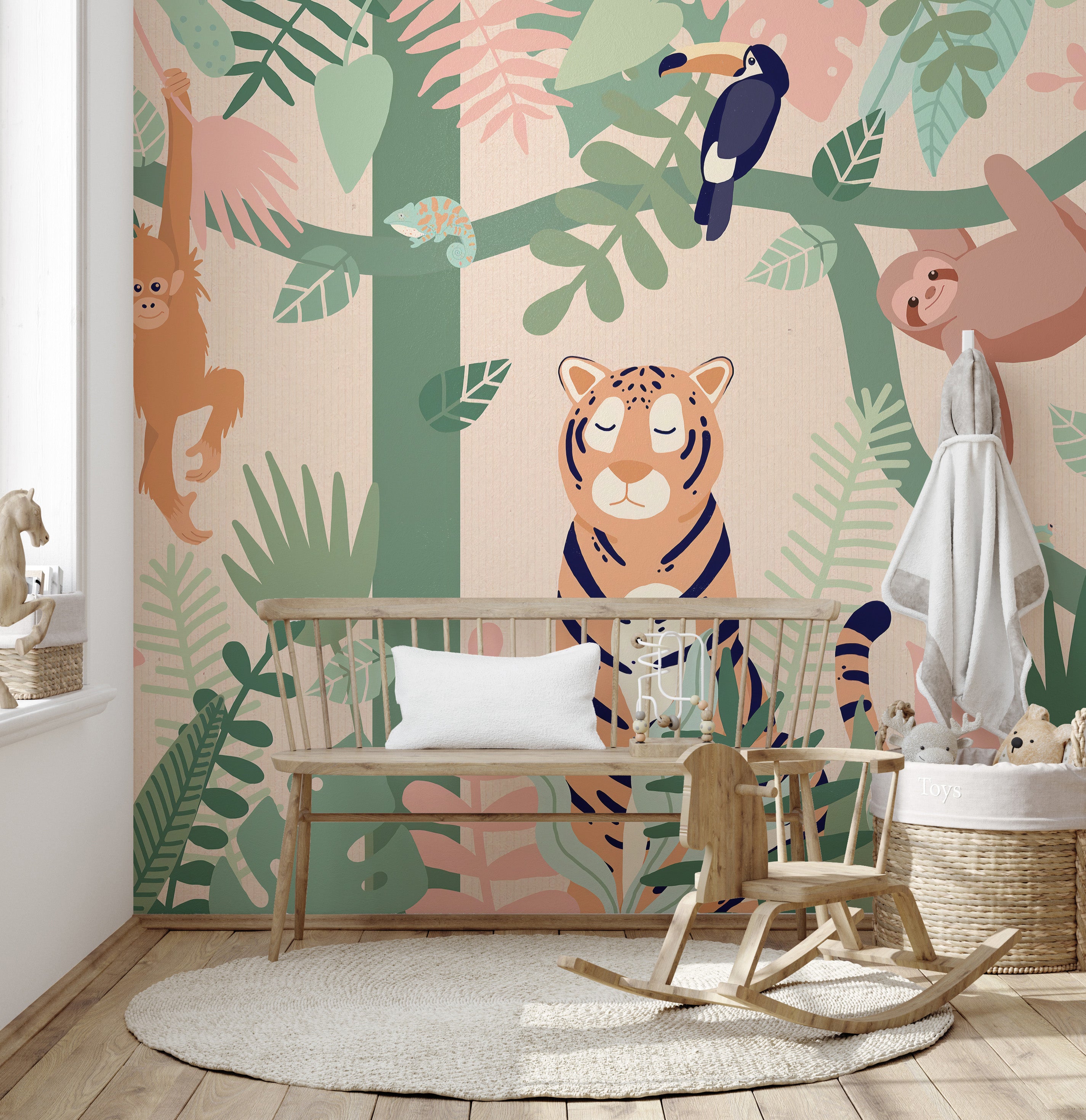 Dozy tiger cartoon forest peel and stick mural
