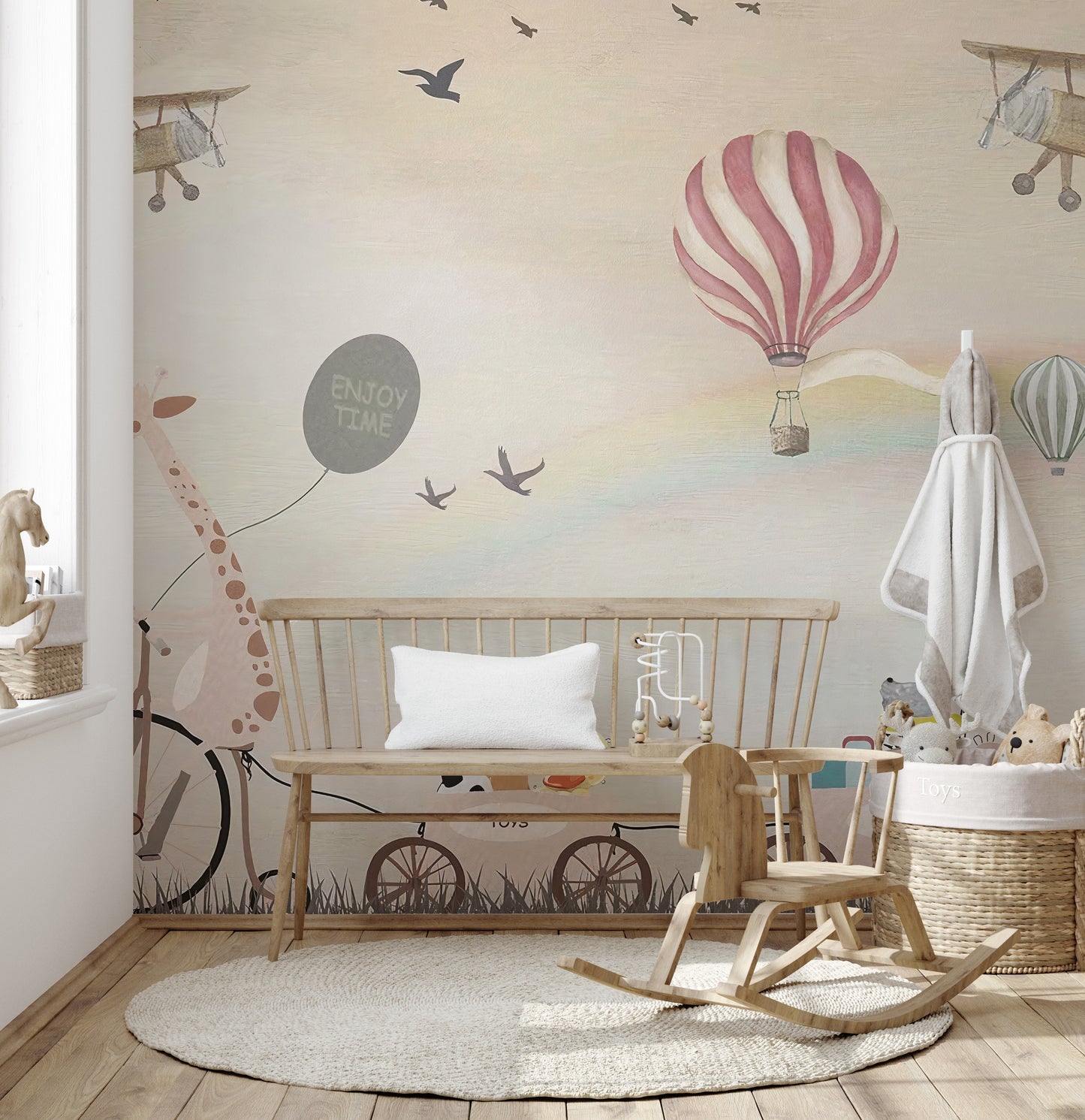 Whimsical animals on bikes wall mural design.
