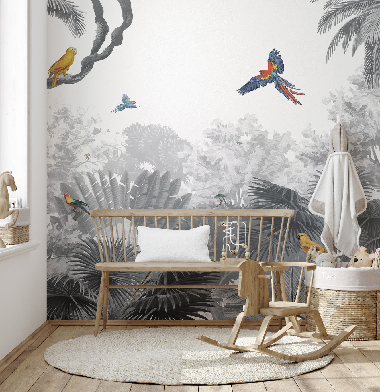 Canopy wall mural showcasing colorful tropical birds.
