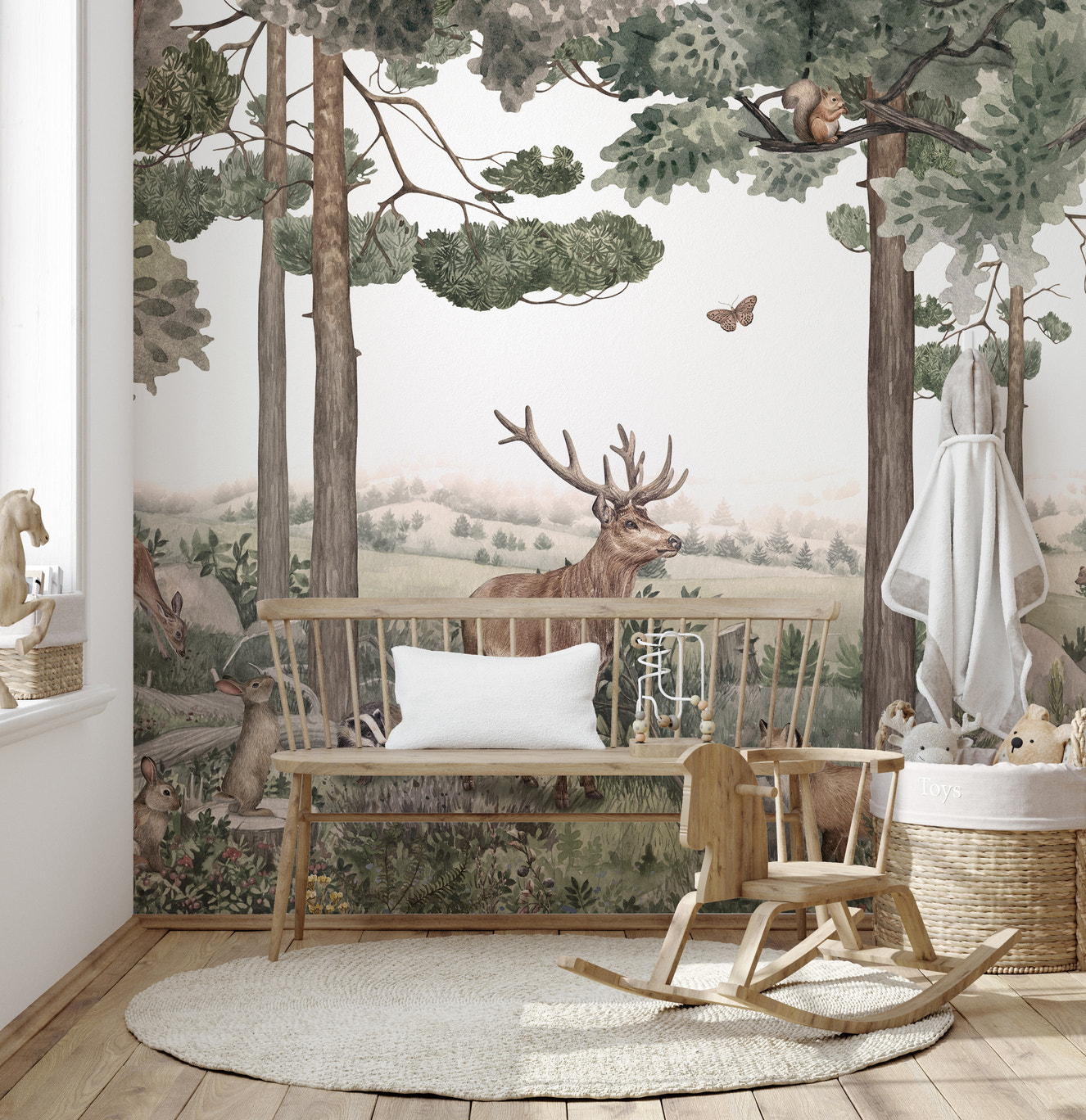 Stag and deer mural with a lively forest jive theme.
