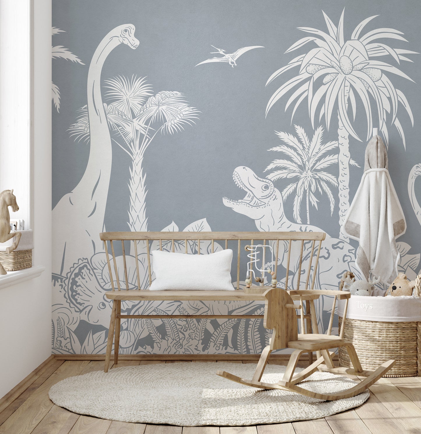 Stylish Monochrome Dino Blue mural for kids’ rooms.
