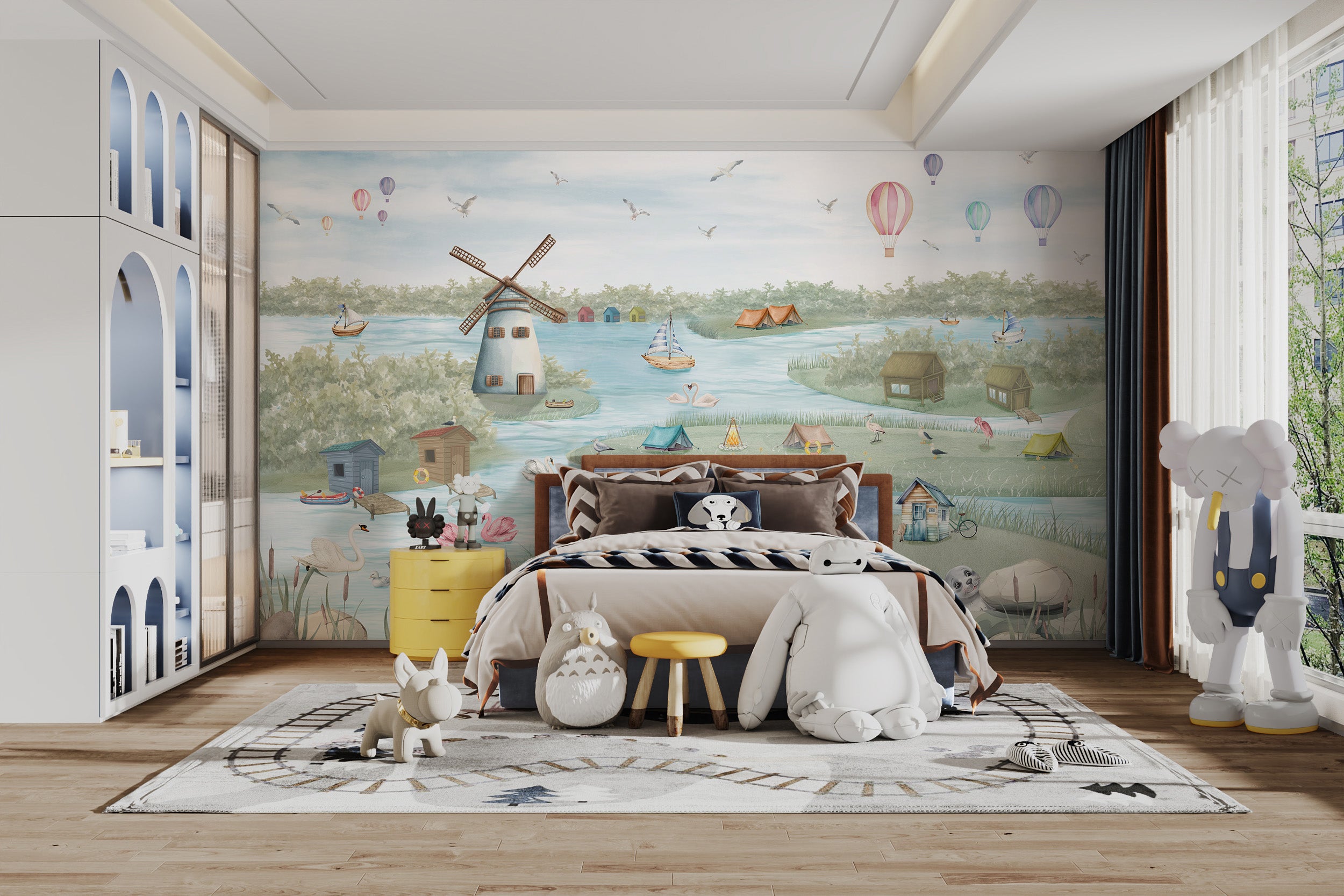 Peaceful Colorful Boathouse Lakeside Wall Mural design