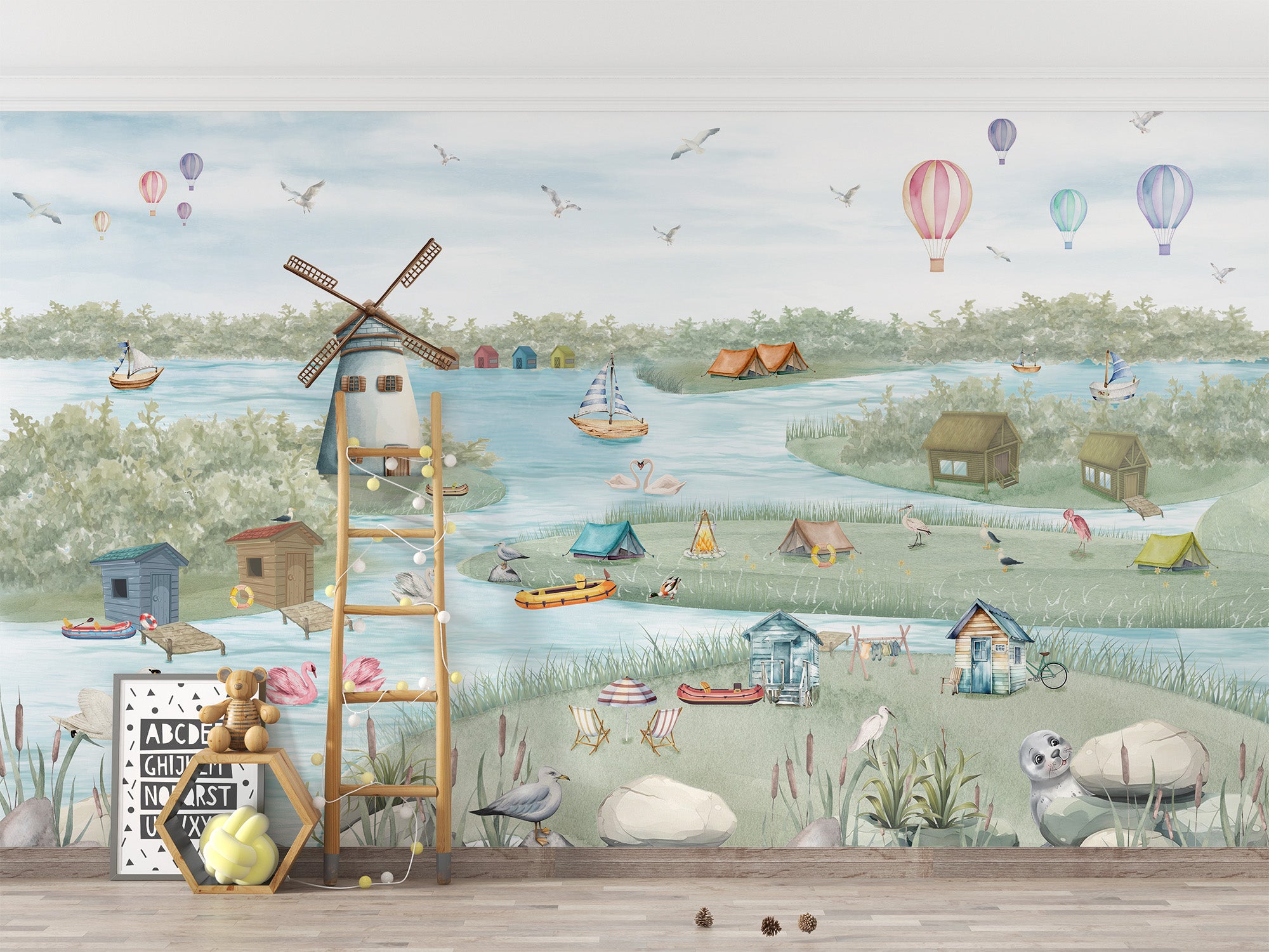 Colorful Boathouse Lakeside Wall Mural with vibrant colors