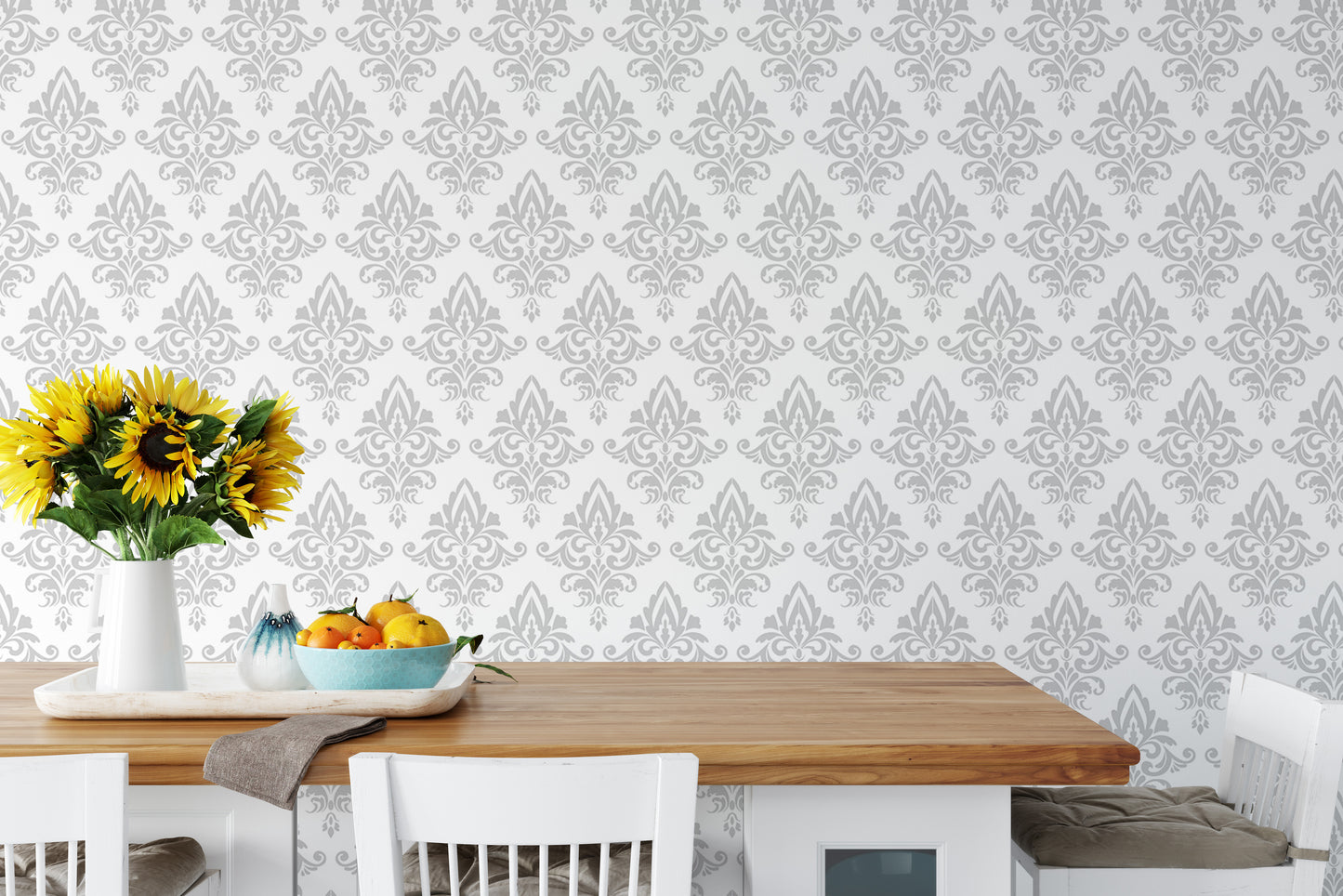 Baroque Style Gray and White Color Damask Wallpaper