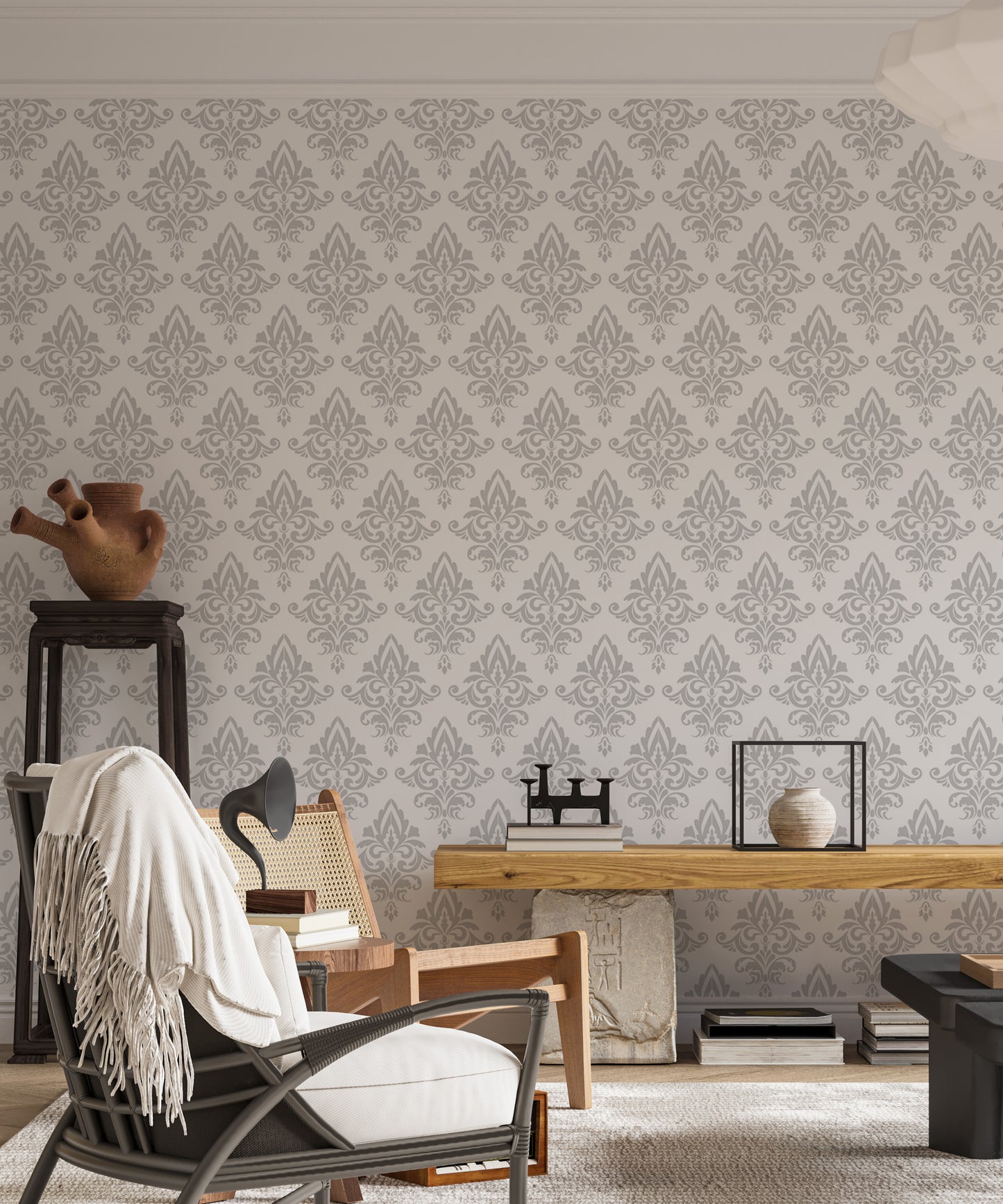 Baroque Style Gray and White Color Damask Wallpaper