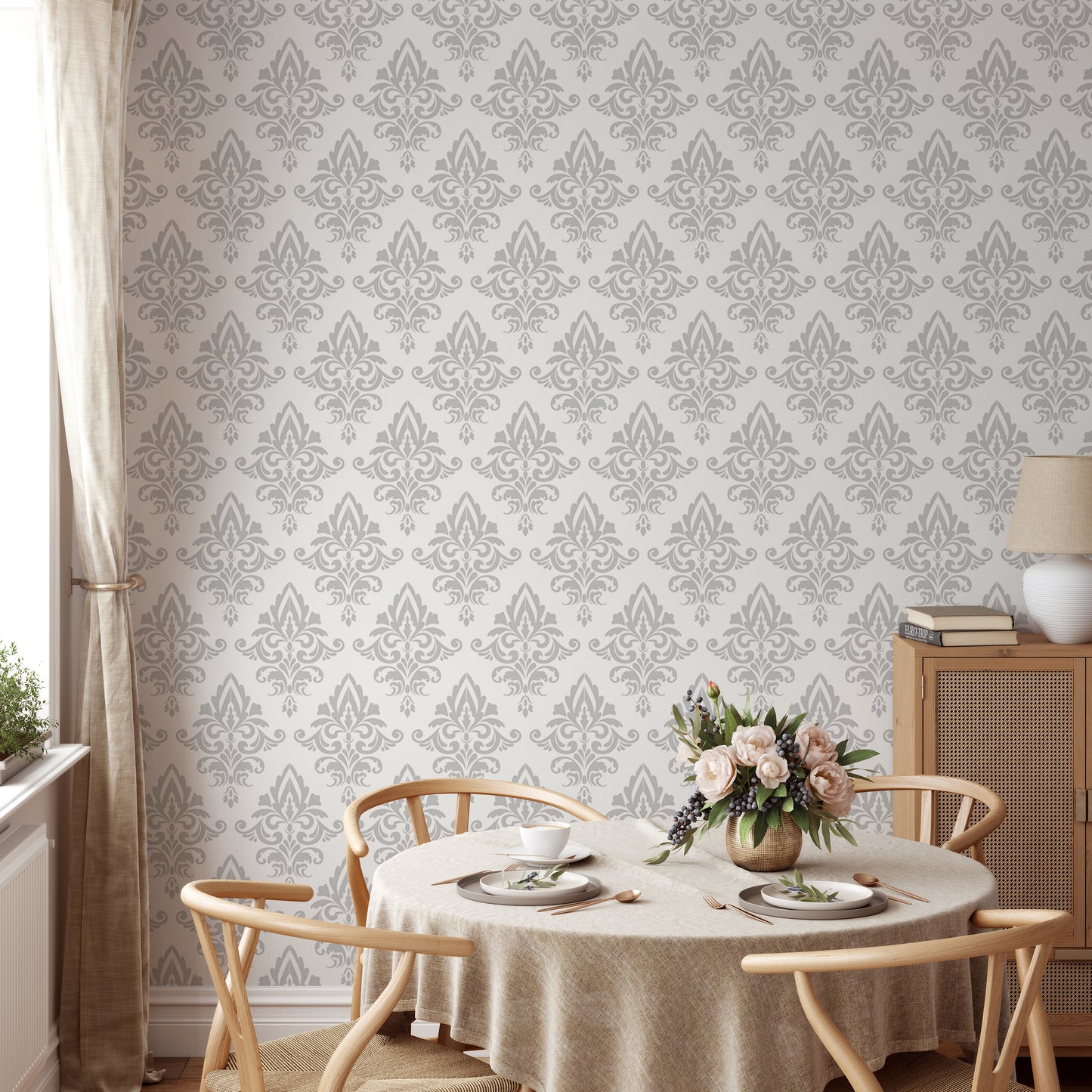 Baroque Style Gray and White Color Damask Wallpaper