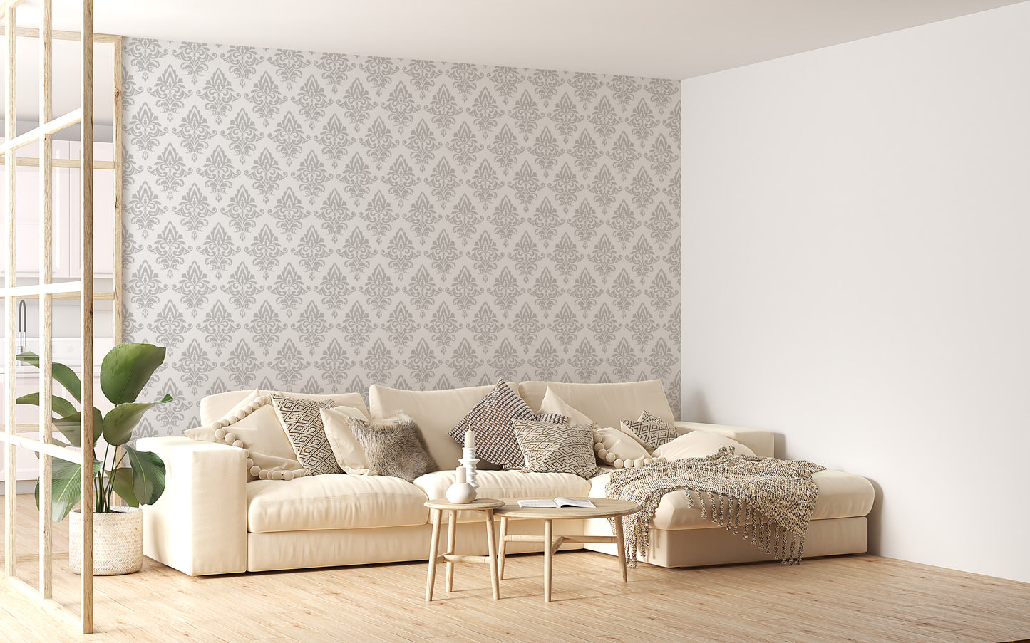 Baroque Style Gray and White Color Damask Wallpaper